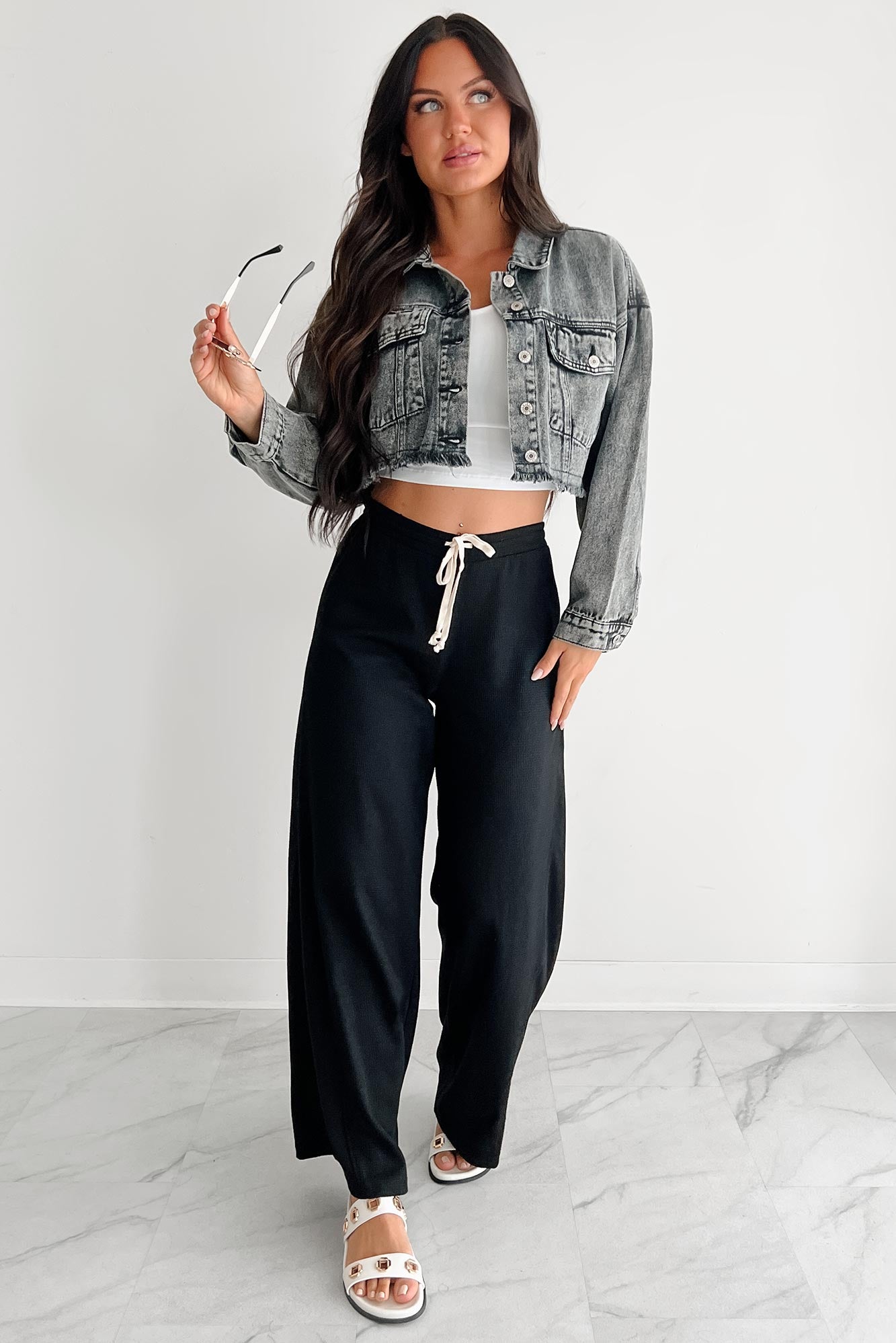 In The Daylight Contrast Tie Waffle Knit Pants (Black)-The Formal Wear