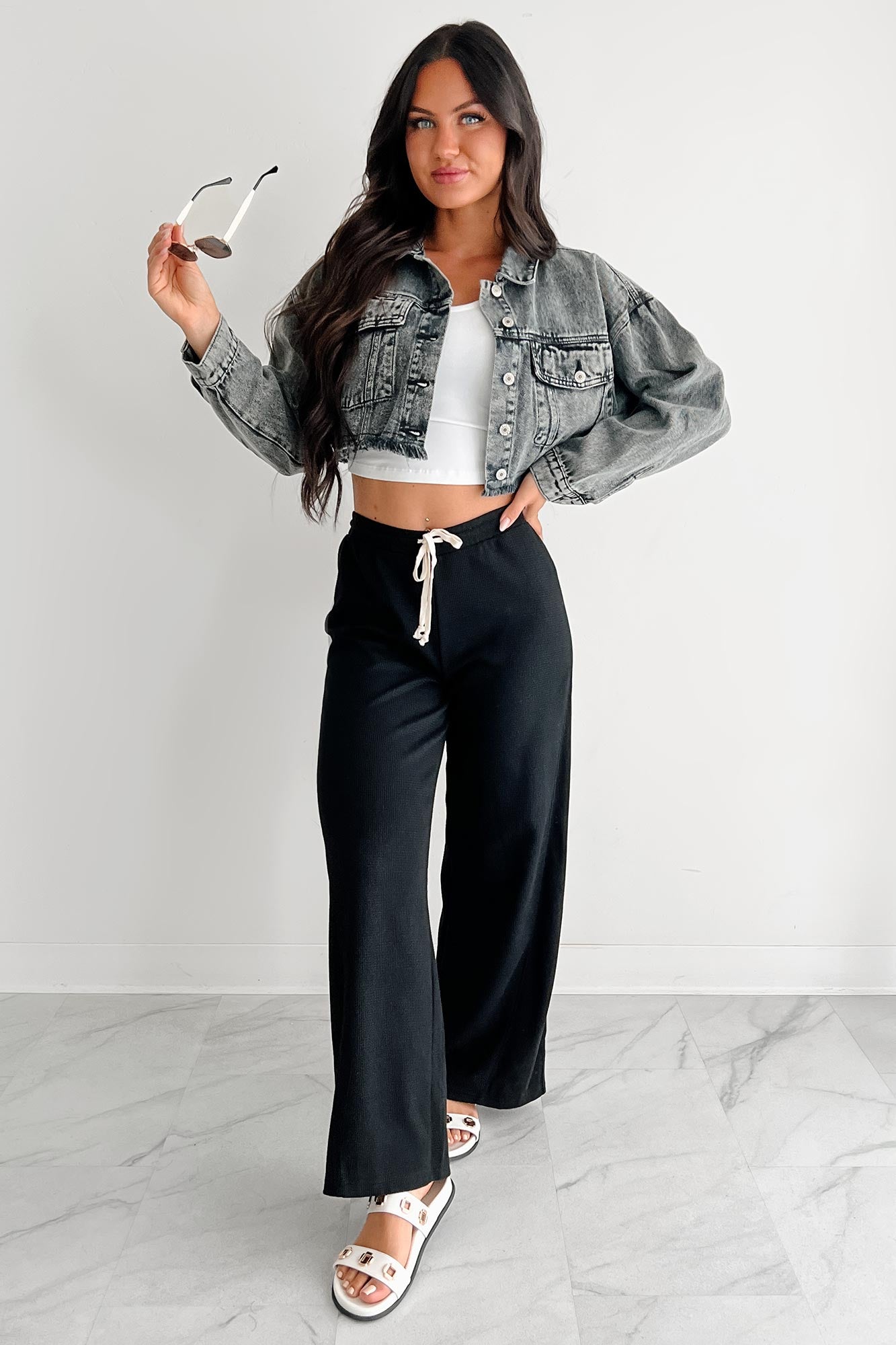 In The Daylight Contrast Tie Waffle Knit Pants (Black)-The Formal Wear