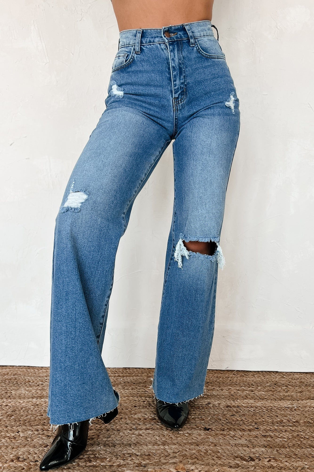 Calder High Rise Distressed Wide Leg Jeans (Medium Stone)-The Formal Wear