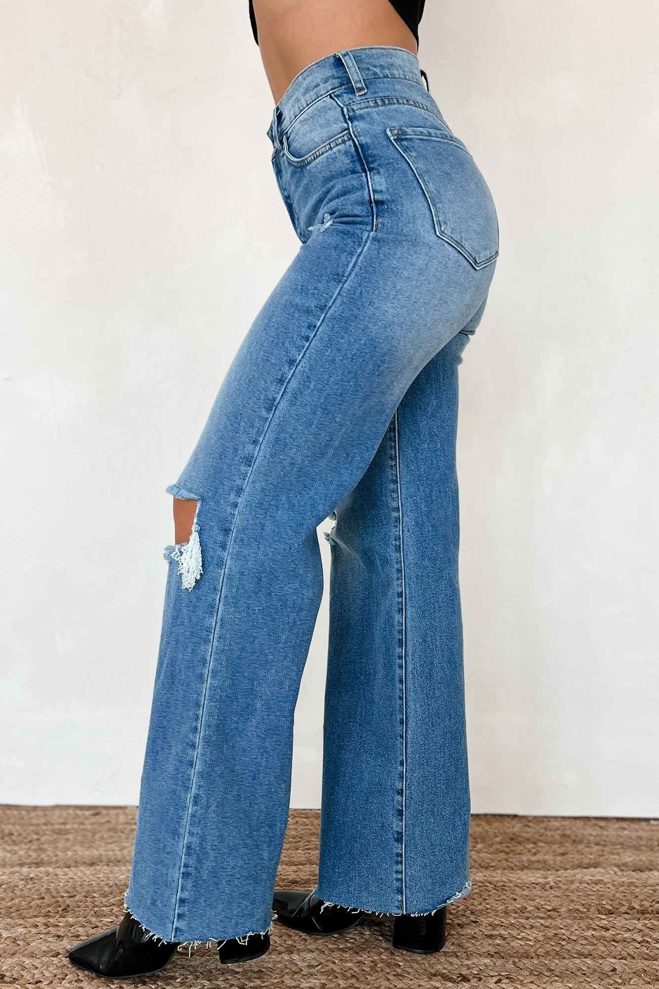 Calder High Rise Distressed Wide Leg Jeans (Medium Stone)-The Formal Wear