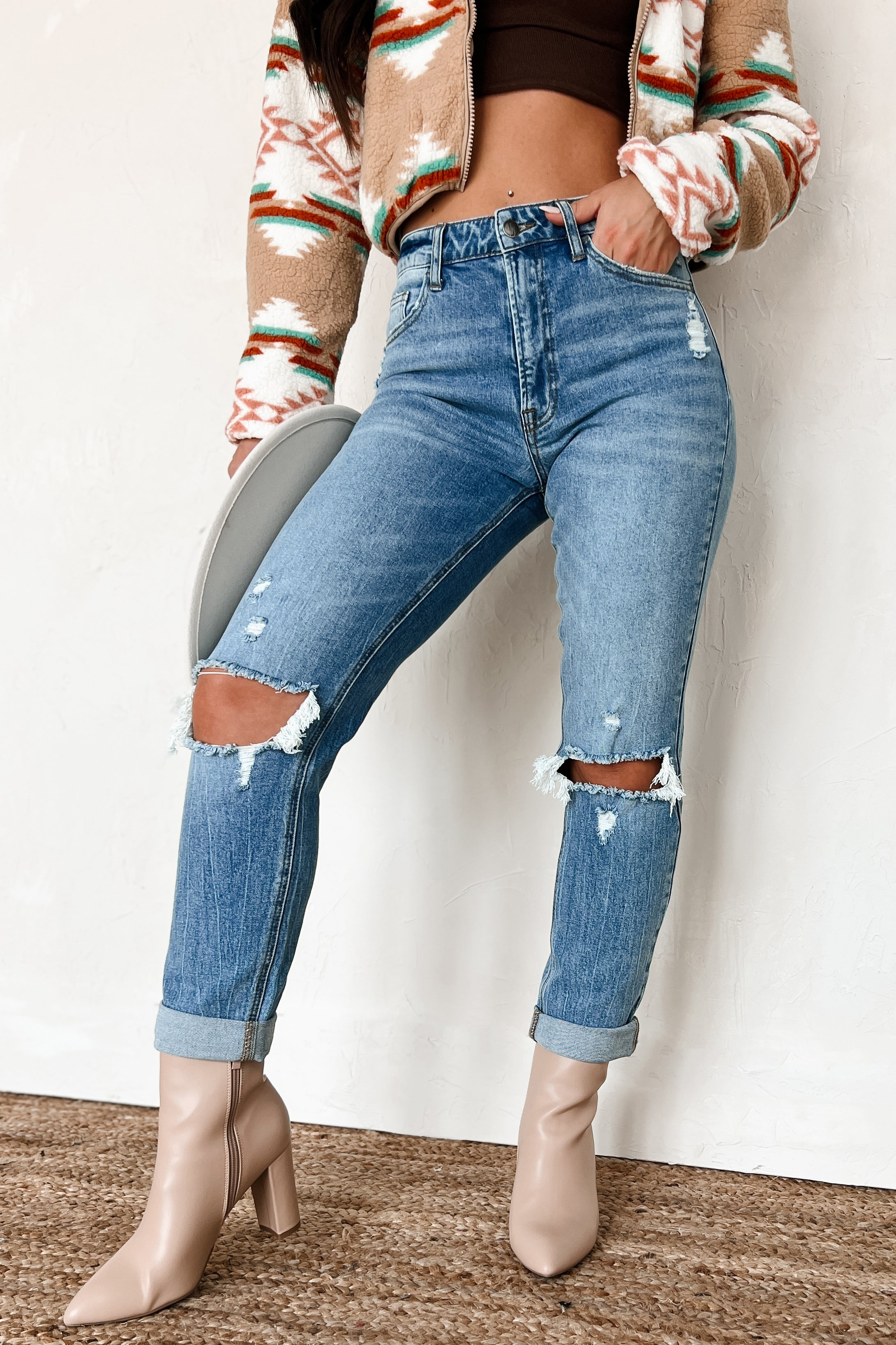 Barry High Rise Distressed Boyfriend Jeans (Medium Denim)-The Formal Wear