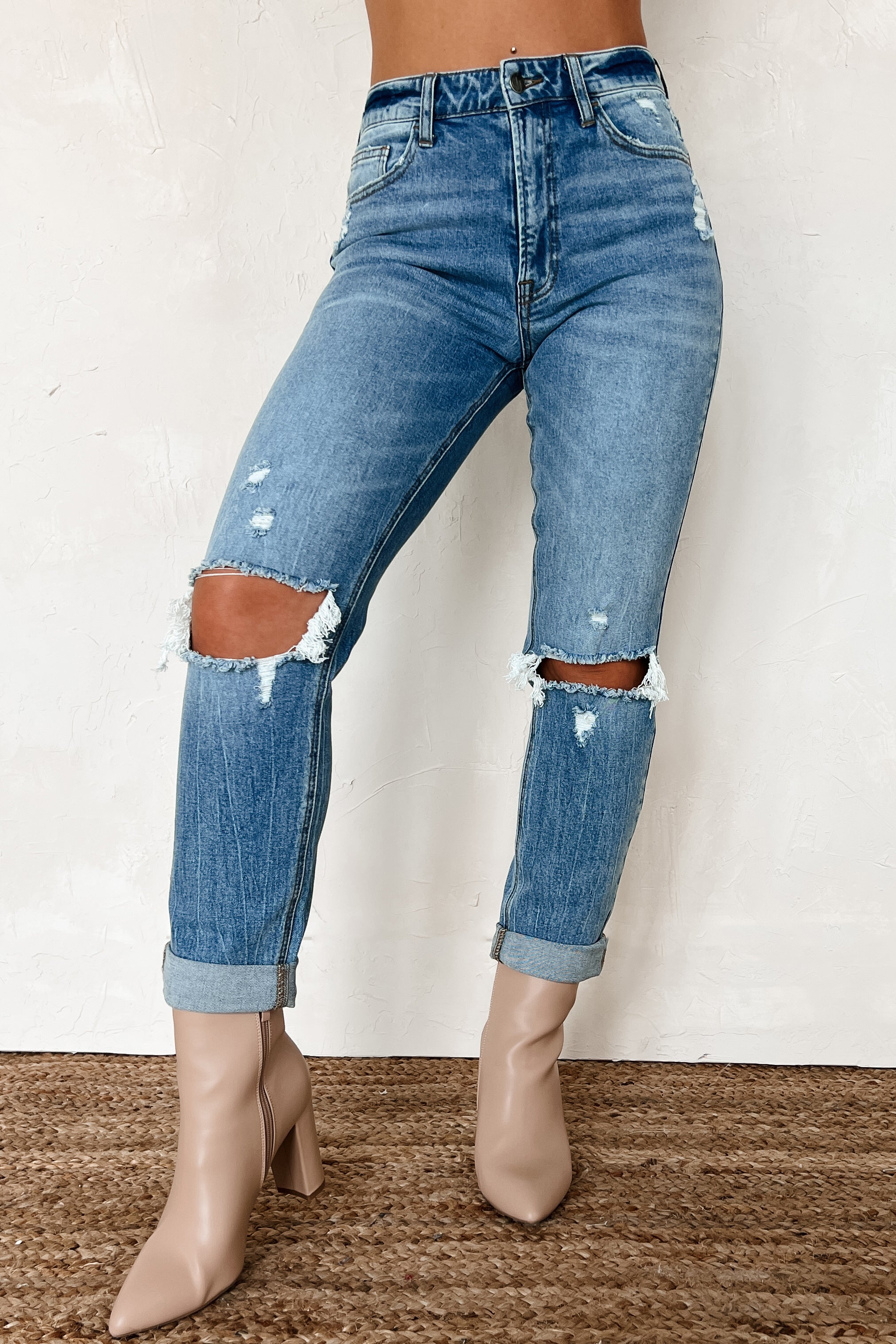 Barry High Rise Distressed Boyfriend Jeans (Medium Denim)-The Formal Wear