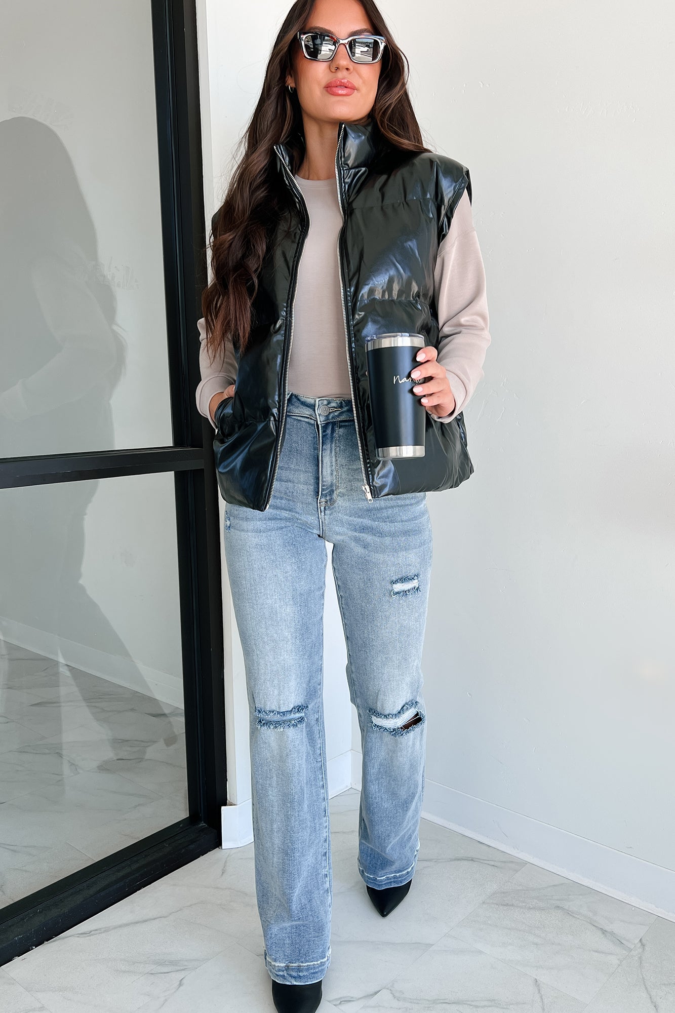 Put You In Your Place Patent Leather Puffer Vest (Black)-The Formal Wear