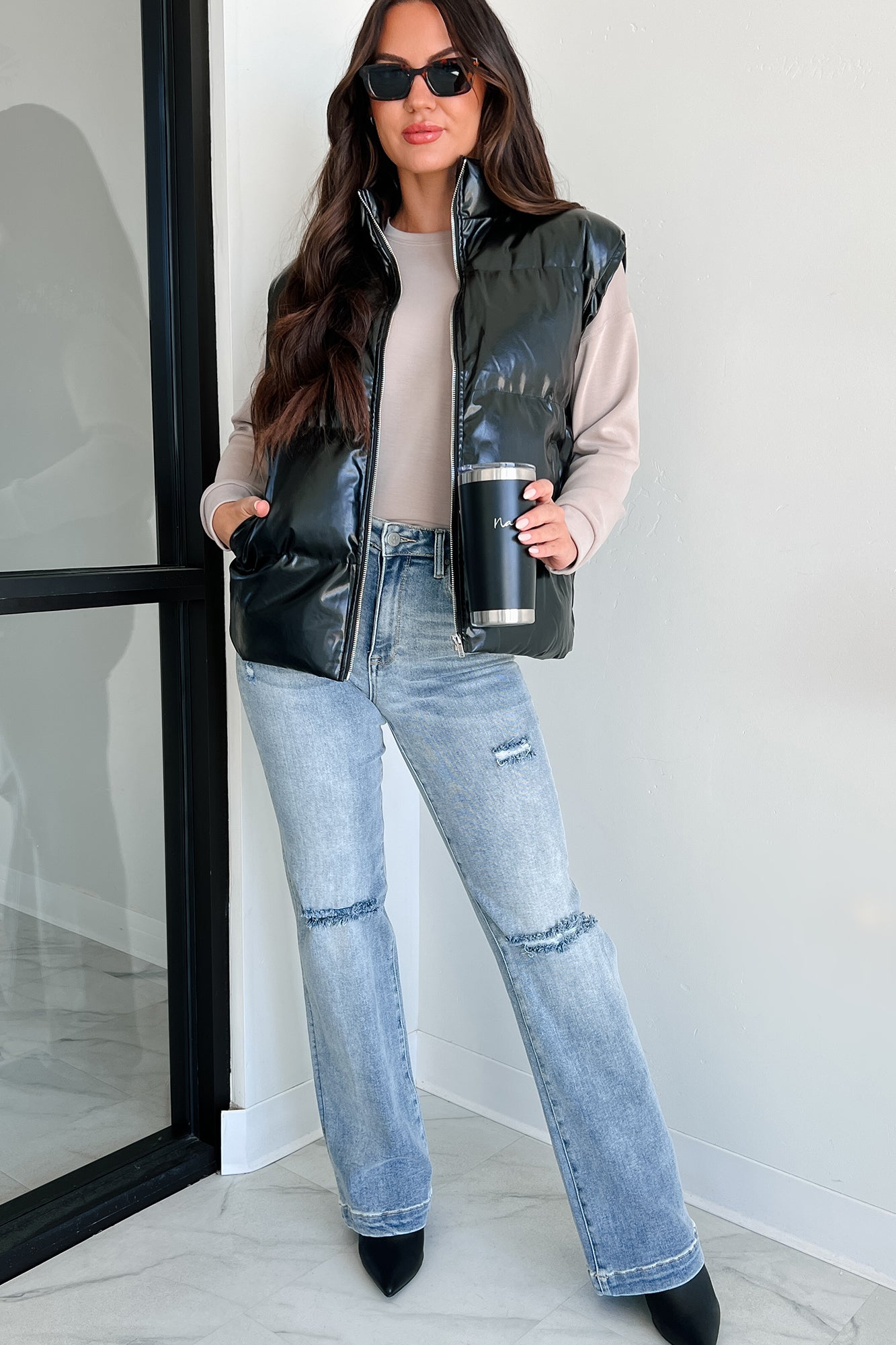 Put You In Your Place Patent Leather Puffer Vest (Black)-The Formal Wear