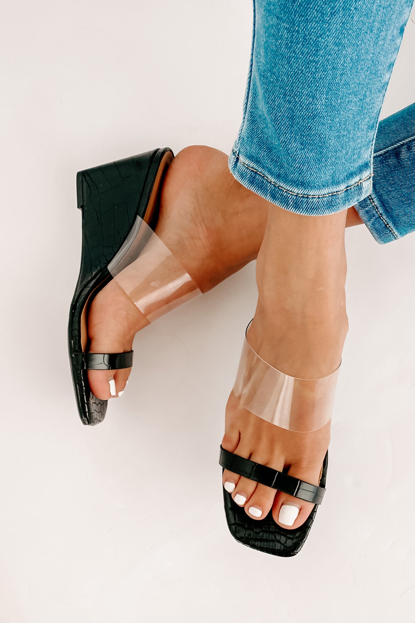 Edith Clear/Croc Print Wedge Heels (Black Croc)-The Formal Wear