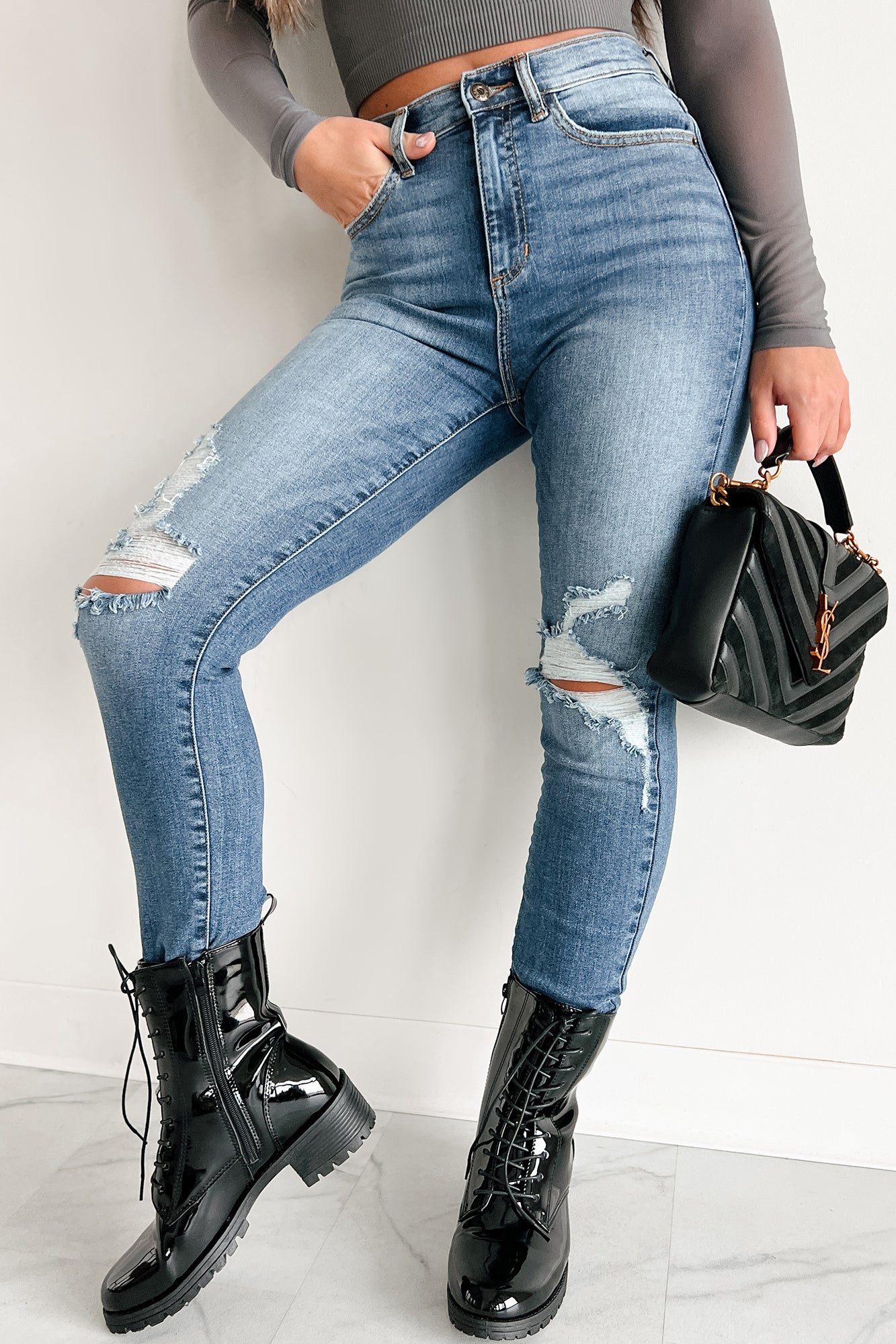 Doorbuster Ryan High Rise Distressed Sneak Peek Skinny Jeans (Denim)-The Formal Wear