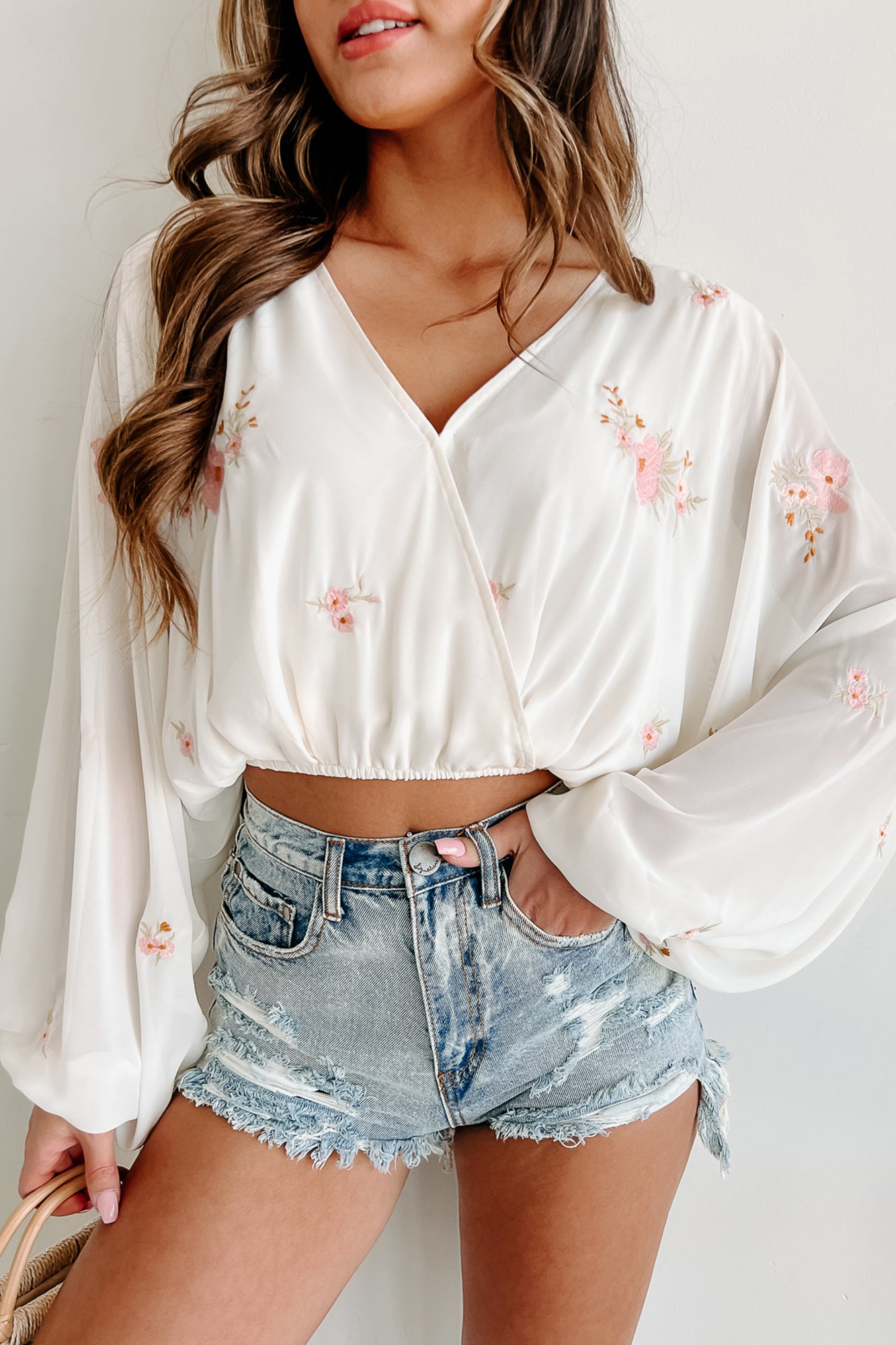 Meredith Floral Embroidered Surplice Top (Cream)-The Formal Wear