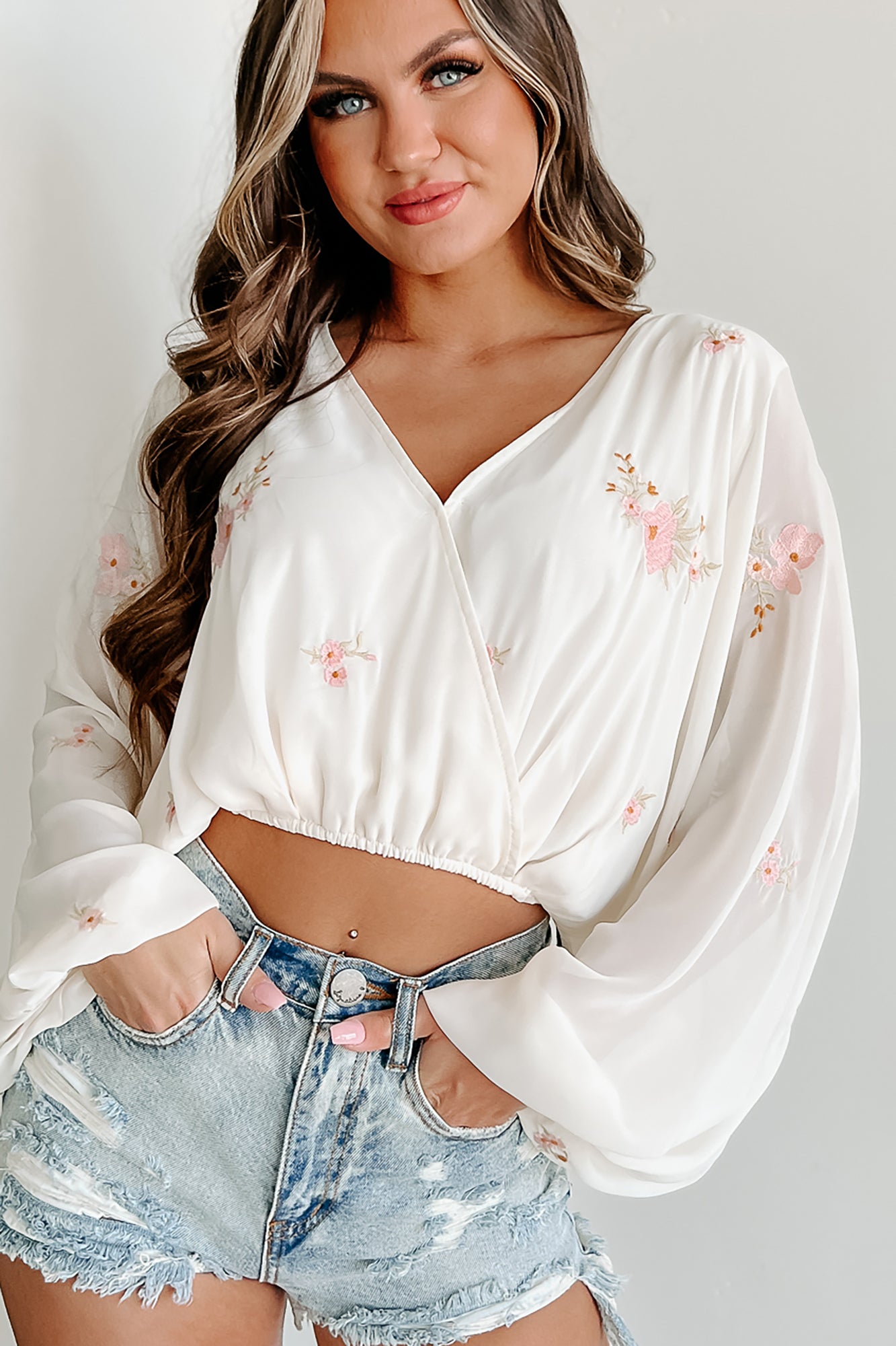 Meredith Floral Embroidered Surplice Top (Cream)-The Formal Wear