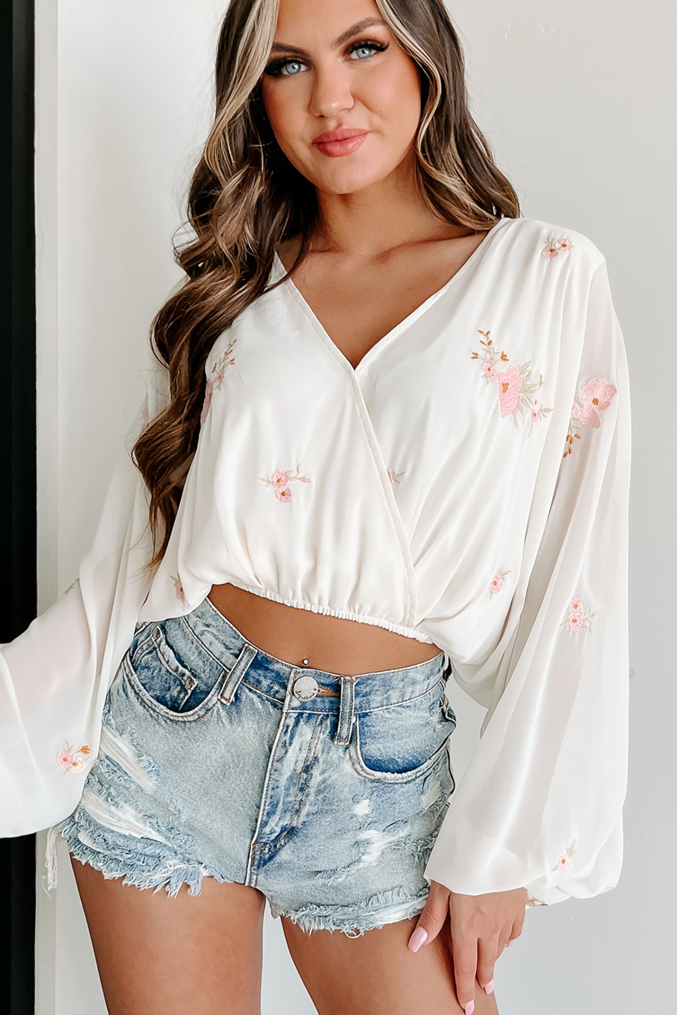 Meredith Floral Embroidered Surplice Top (Cream)-The Formal Wear