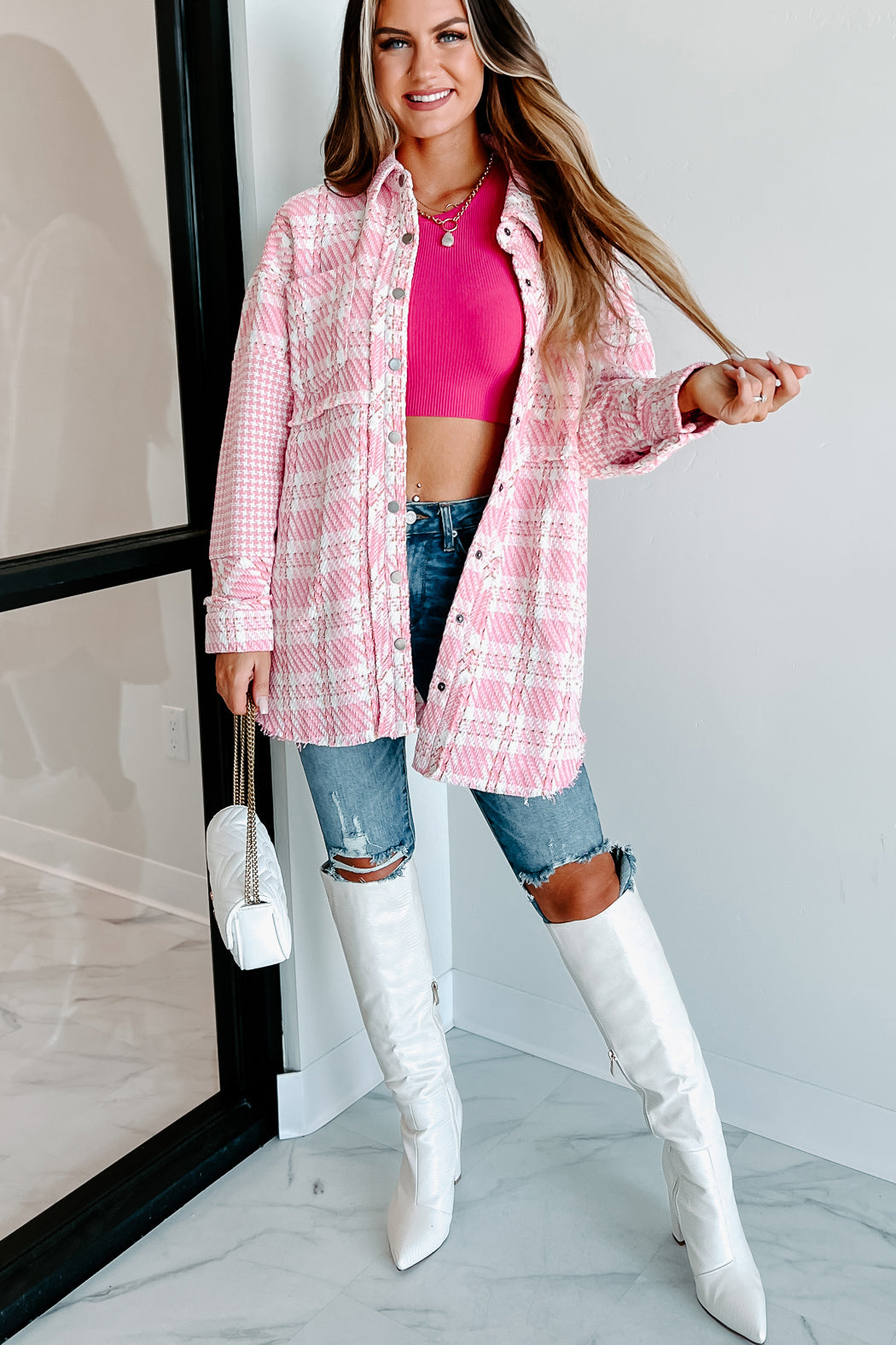 Something About You Plaid Shacket (Pink)-The Formal Wear