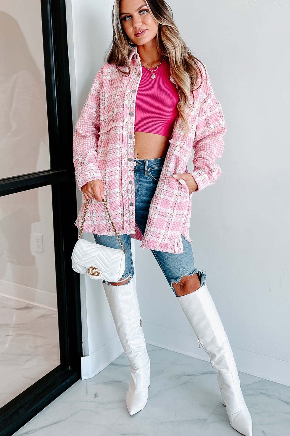 Something About You Plaid Shacket (Pink)-The Formal Wear