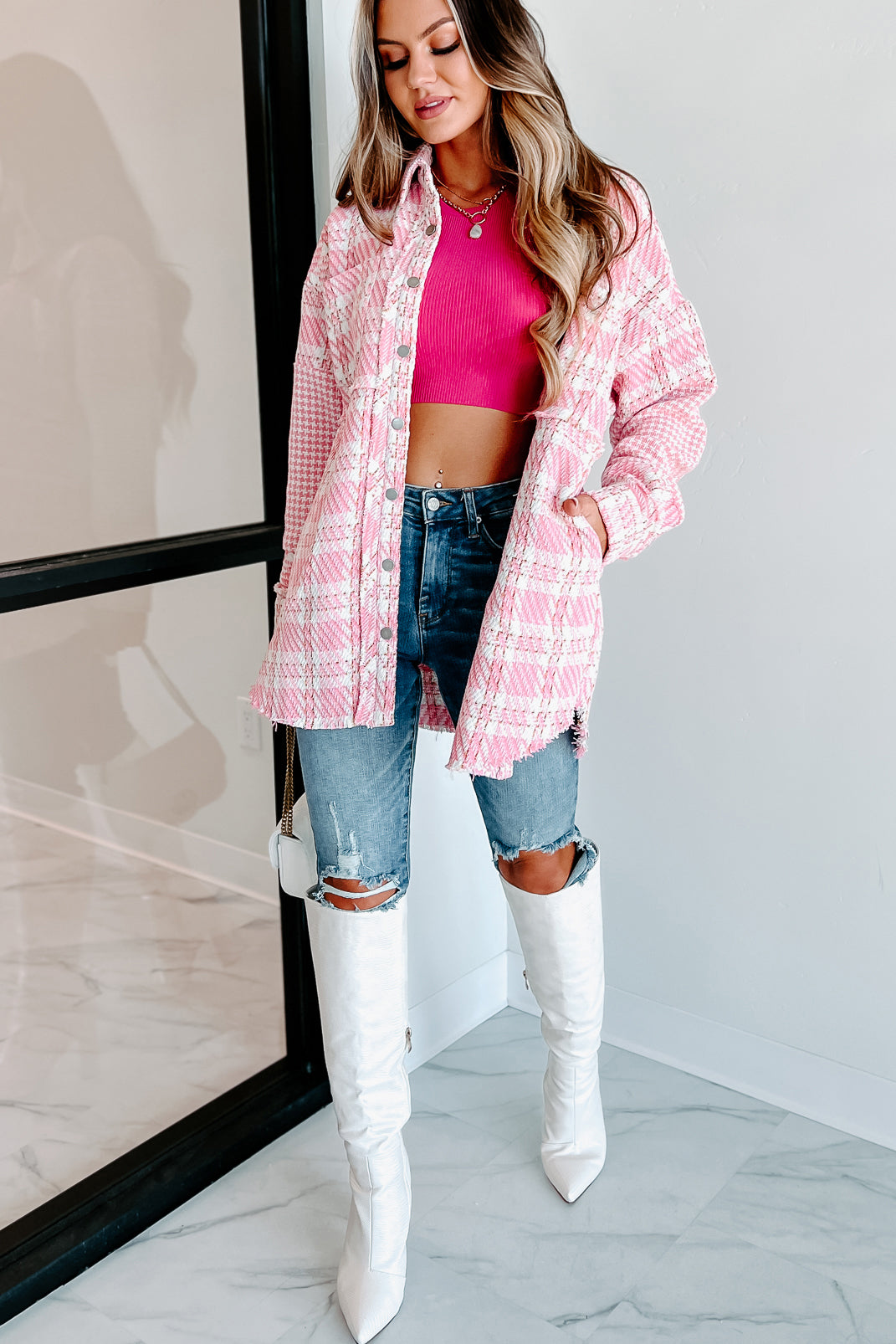 Something About You Plaid Shacket (Pink)-The Formal Wear