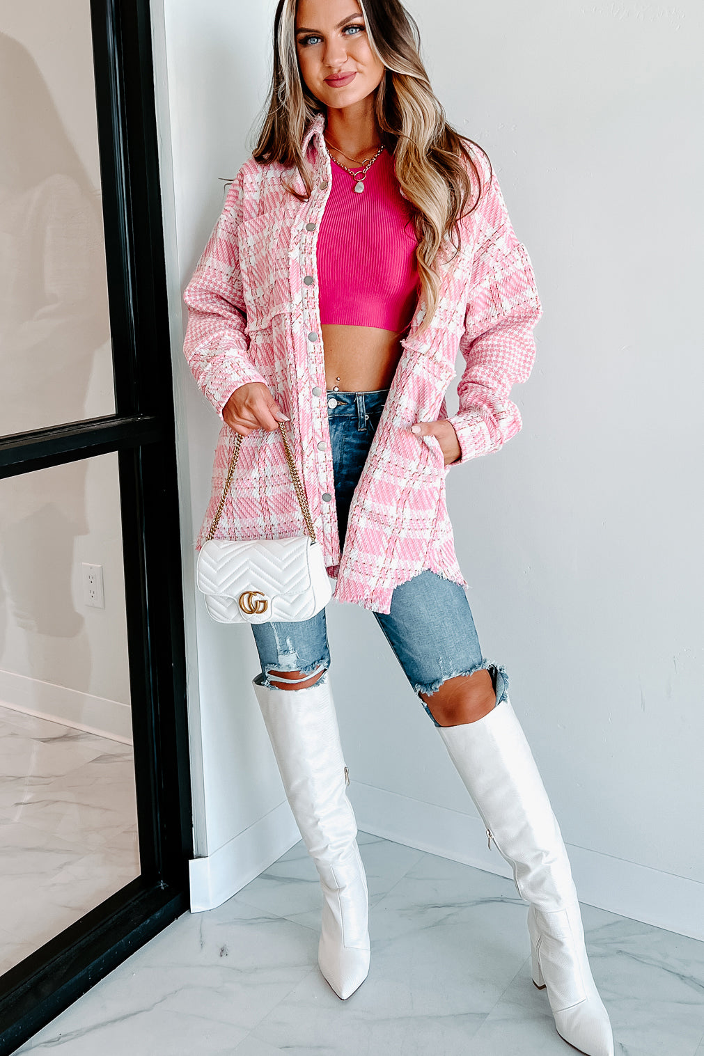 Something About You Plaid Shacket (Pink)-The Formal Wear