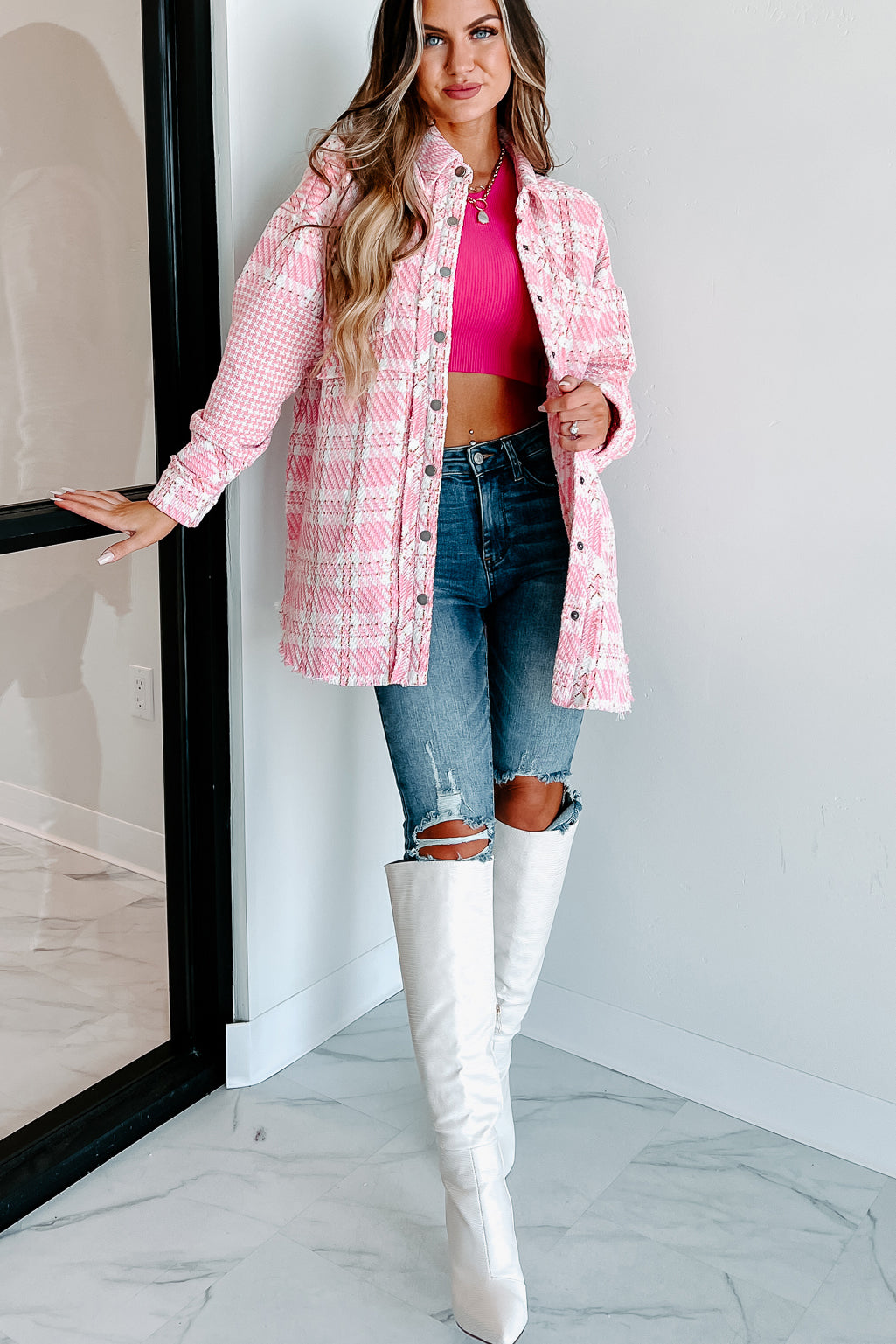 Something About You Plaid Shacket (Pink)-The Formal Wear