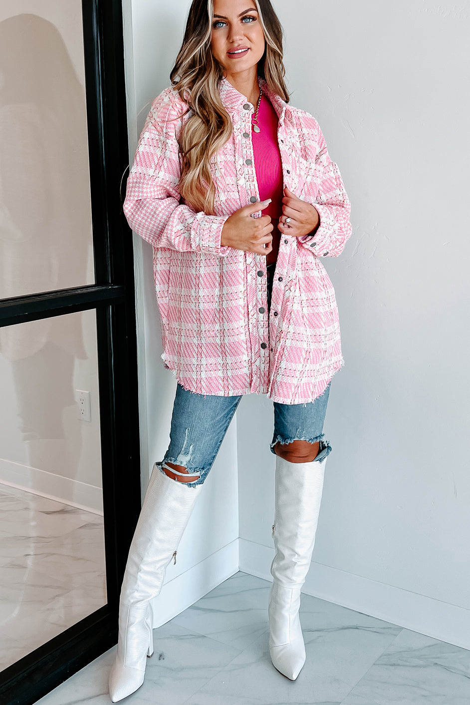 Something About You Plaid Shacket (Pink)-The Formal Wear
