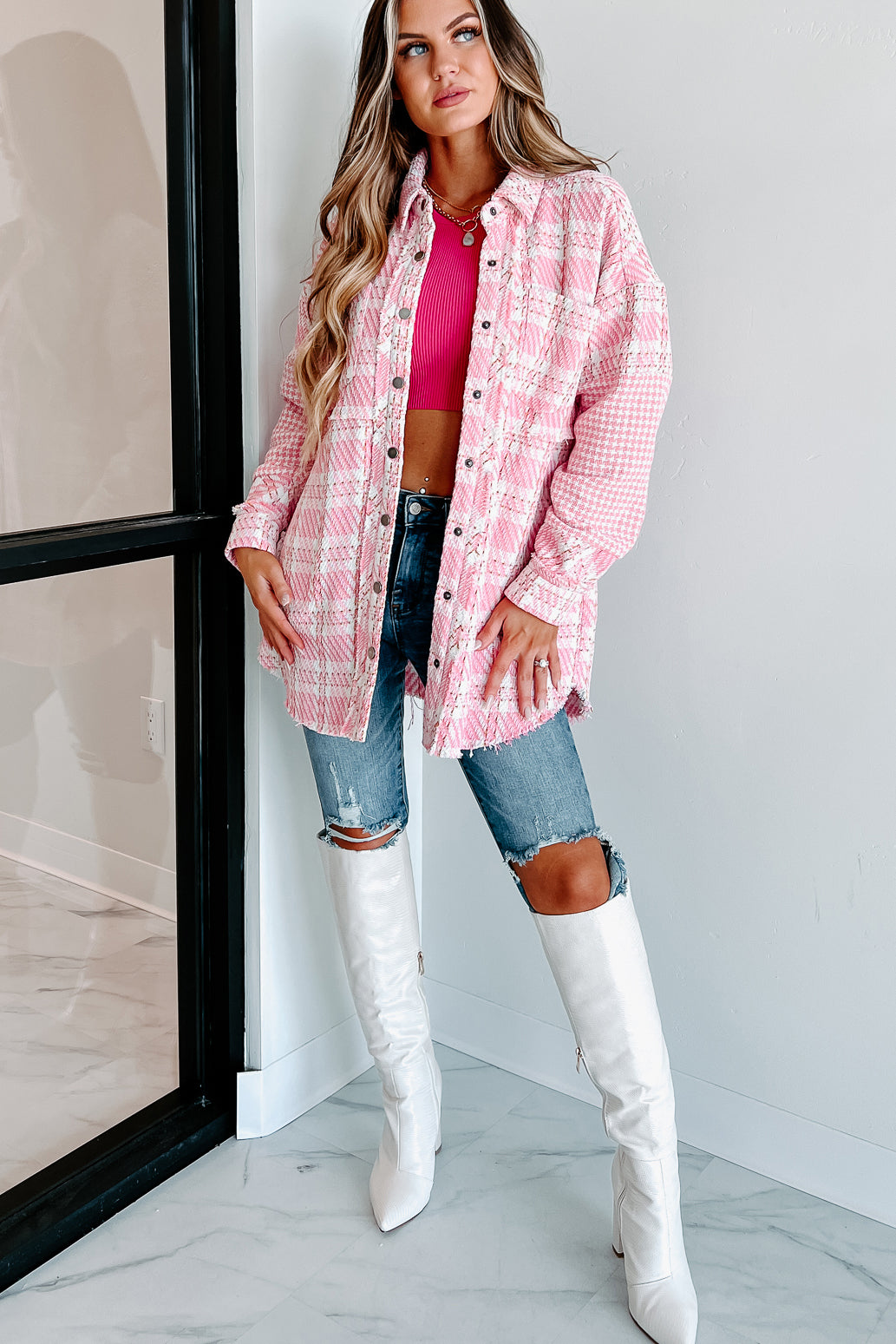 Something About You Plaid Shacket (Pink)-The Formal Wear