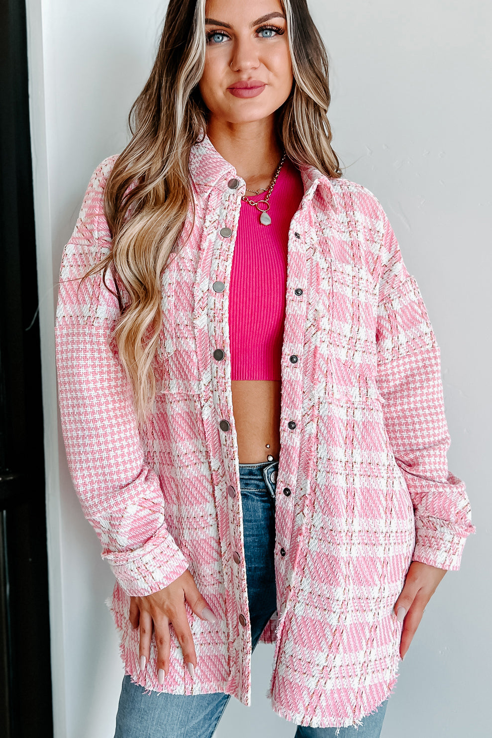 Something About You Plaid Shacket (Pink)-The Formal Wear