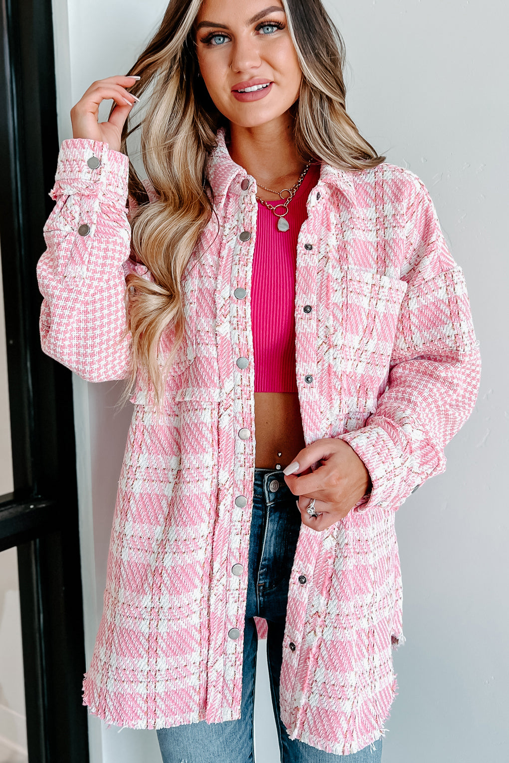 Something About You Plaid Shacket (Pink)-The Formal Wear