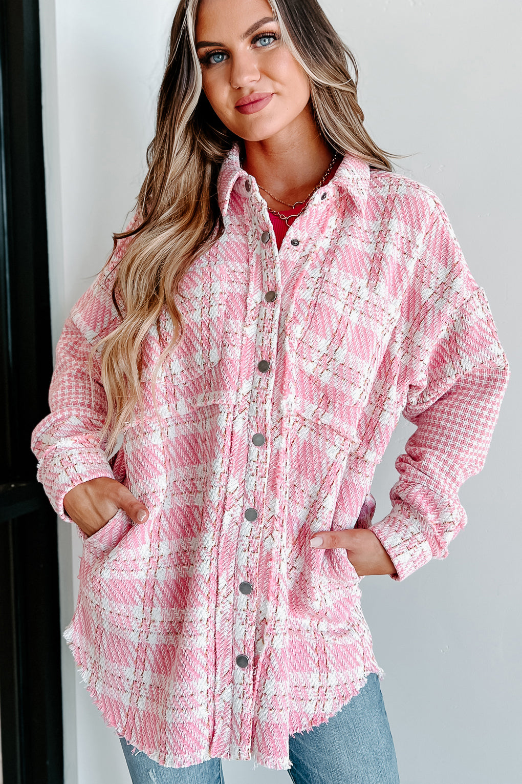 Something About You Plaid Shacket (Pink)-The Formal Wear