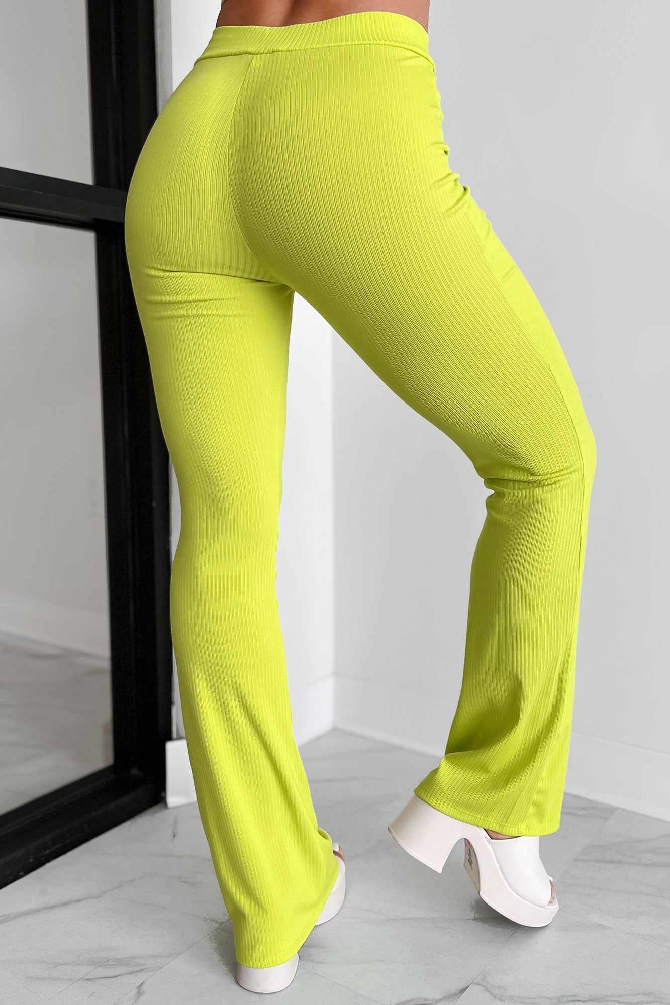 No Worries In Sight Ribbed Flare Leggings (Lime)-The Formal Wear