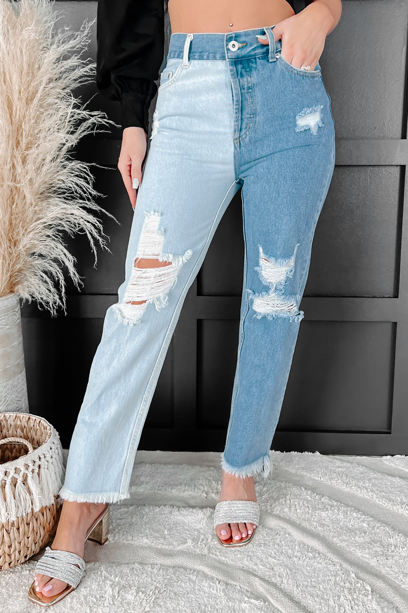Stassie High Rise Distressed Two-Tone Jeans (Light/Medium)-The Formal Wear