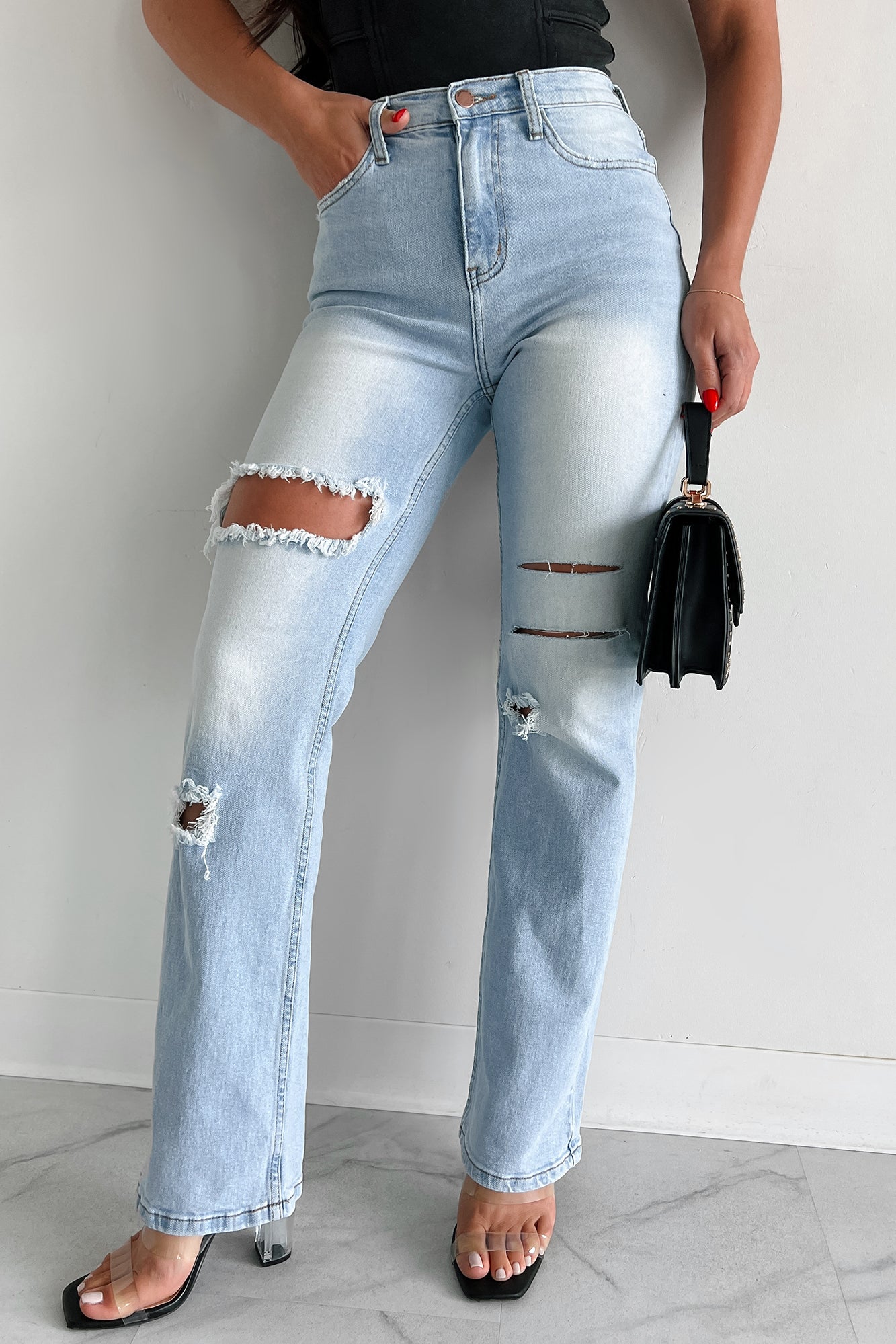 Only Good Days High Rise Distressed Wide Leg Jeans (Light)-The Formal Wear