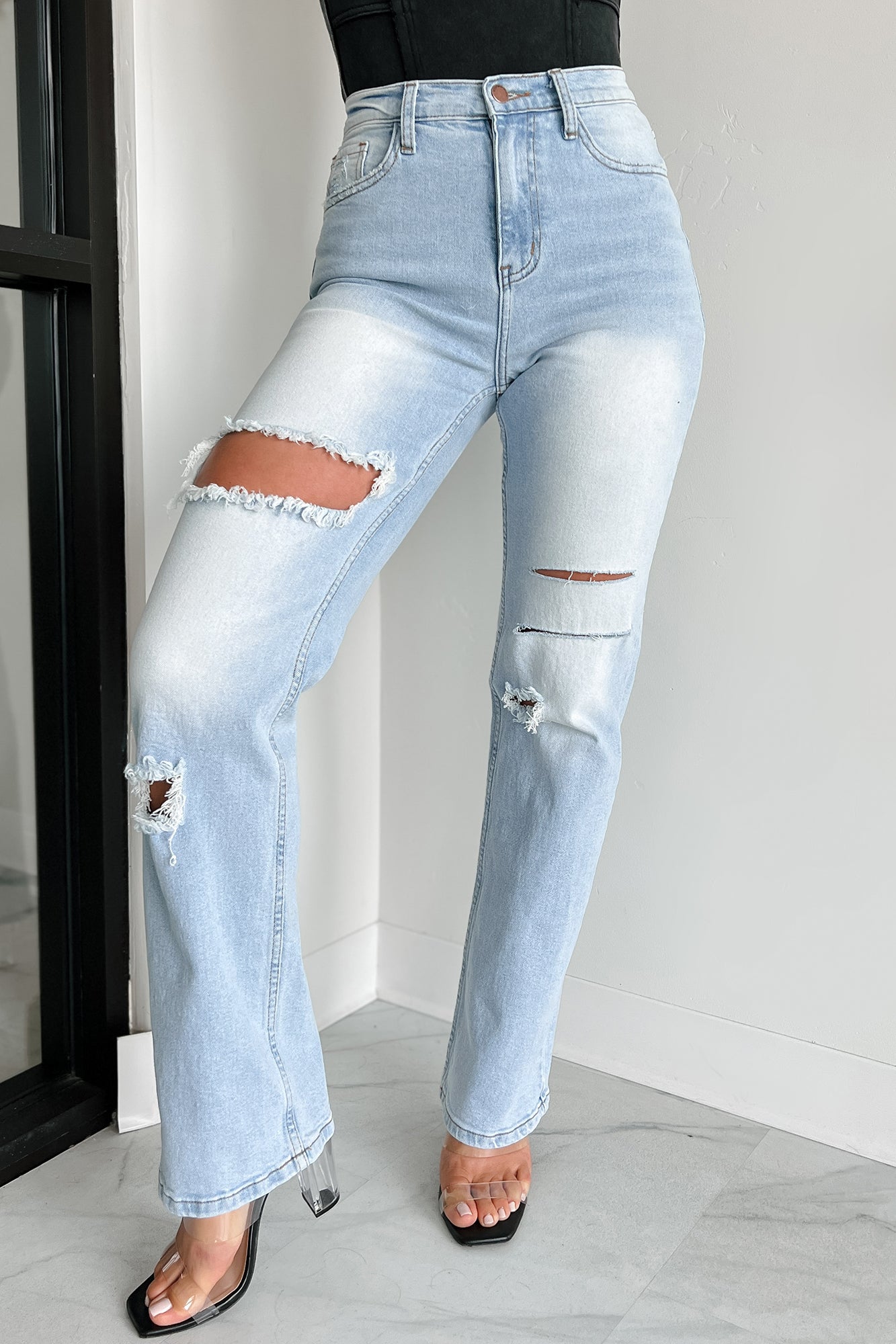 Only Good Days High Rise Distressed Wide Leg Jeans (Light)-The Formal Wear