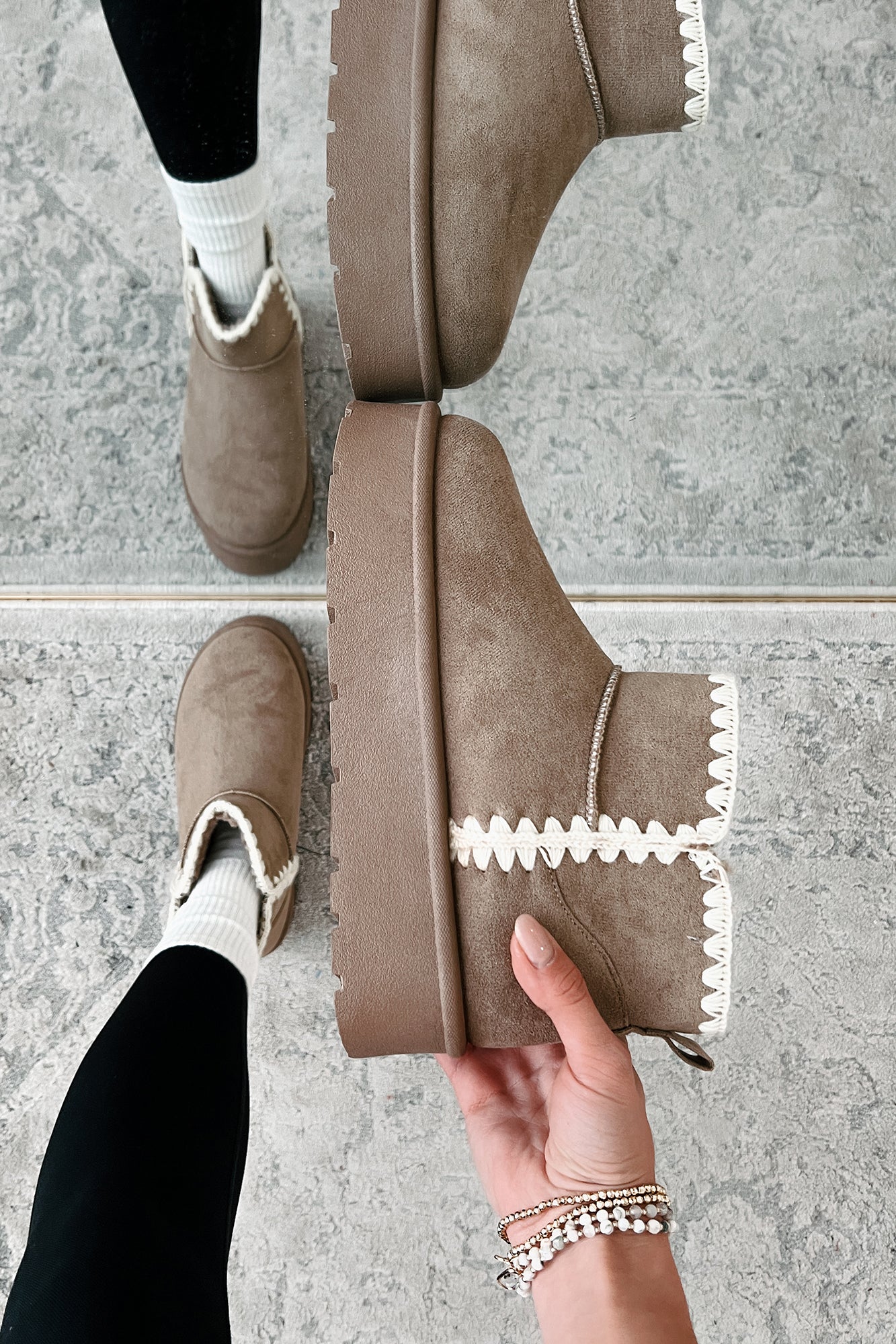 Feeling The Chill Stitch Trim Platform Booties (Oat)-The Formal Wear