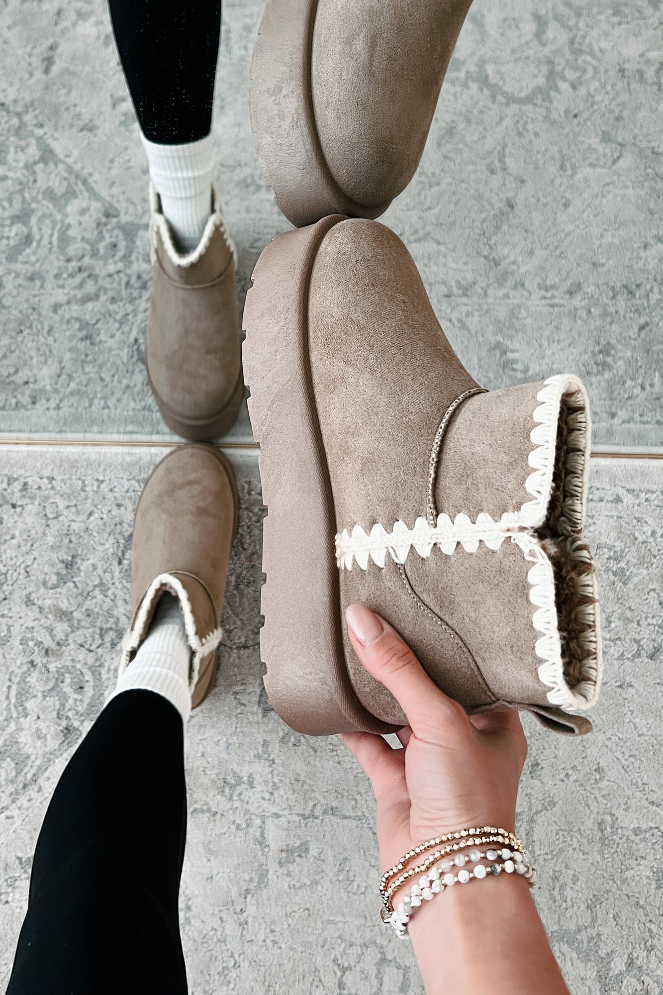 Feeling The Chill Stitch Trim Platform Booties (Oat)-The Formal Wear