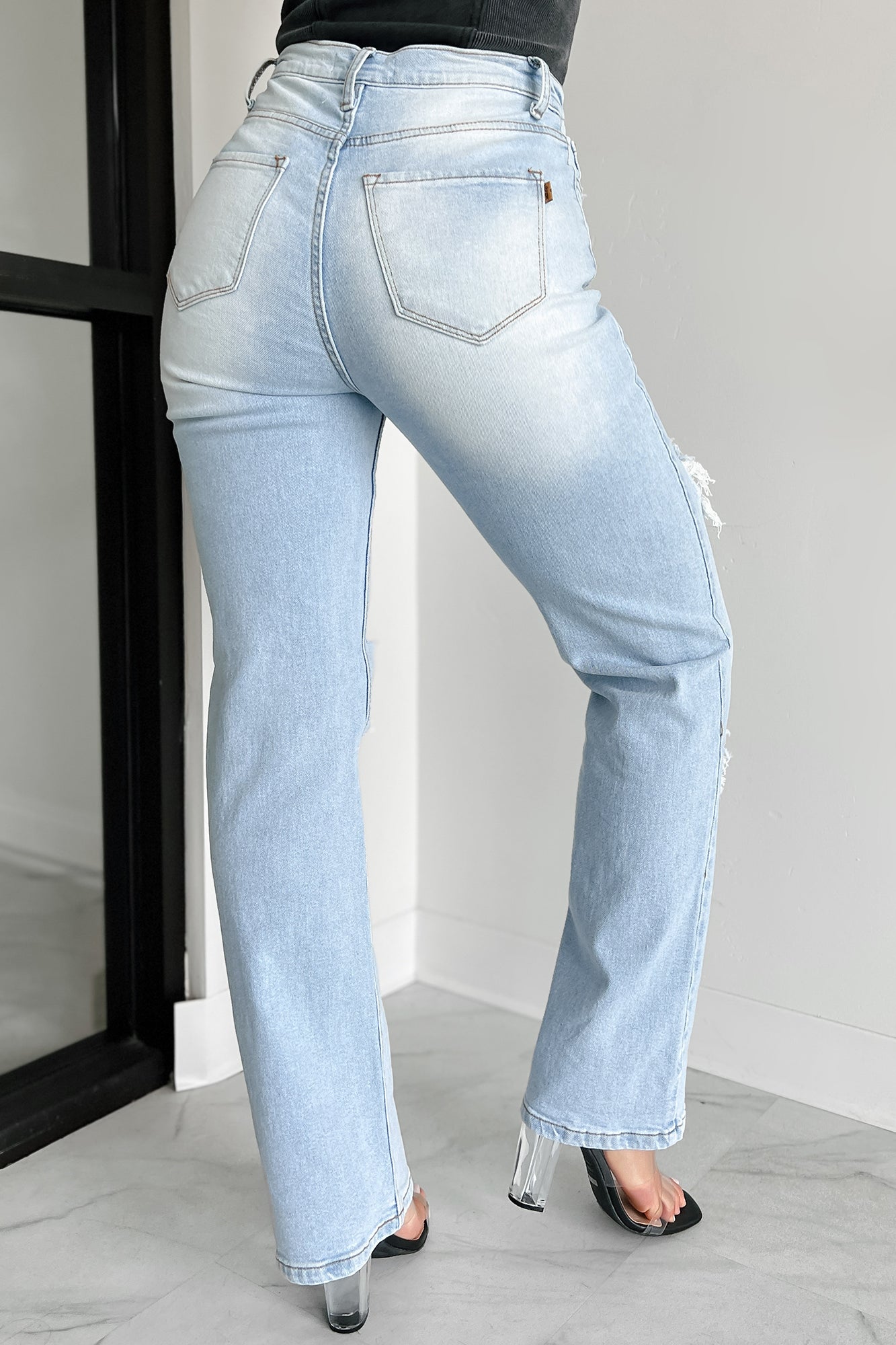 Only Good Days High Rise Distressed Wide Leg Jeans (Light)-The Formal Wear