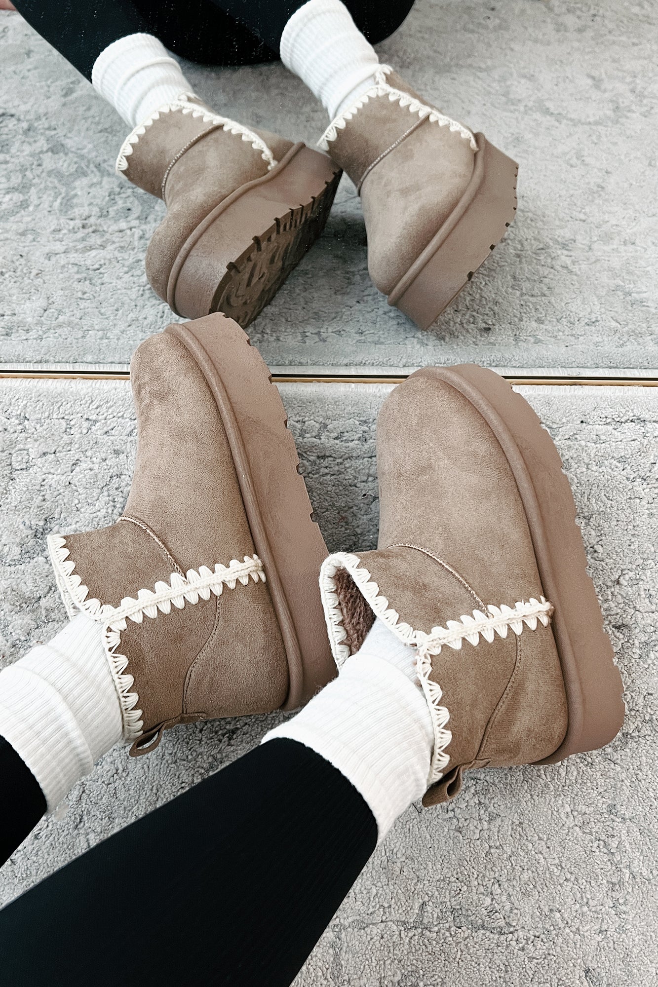 Feeling The Chill Stitch Trim Platform Booties (Oat)-The Formal Wear