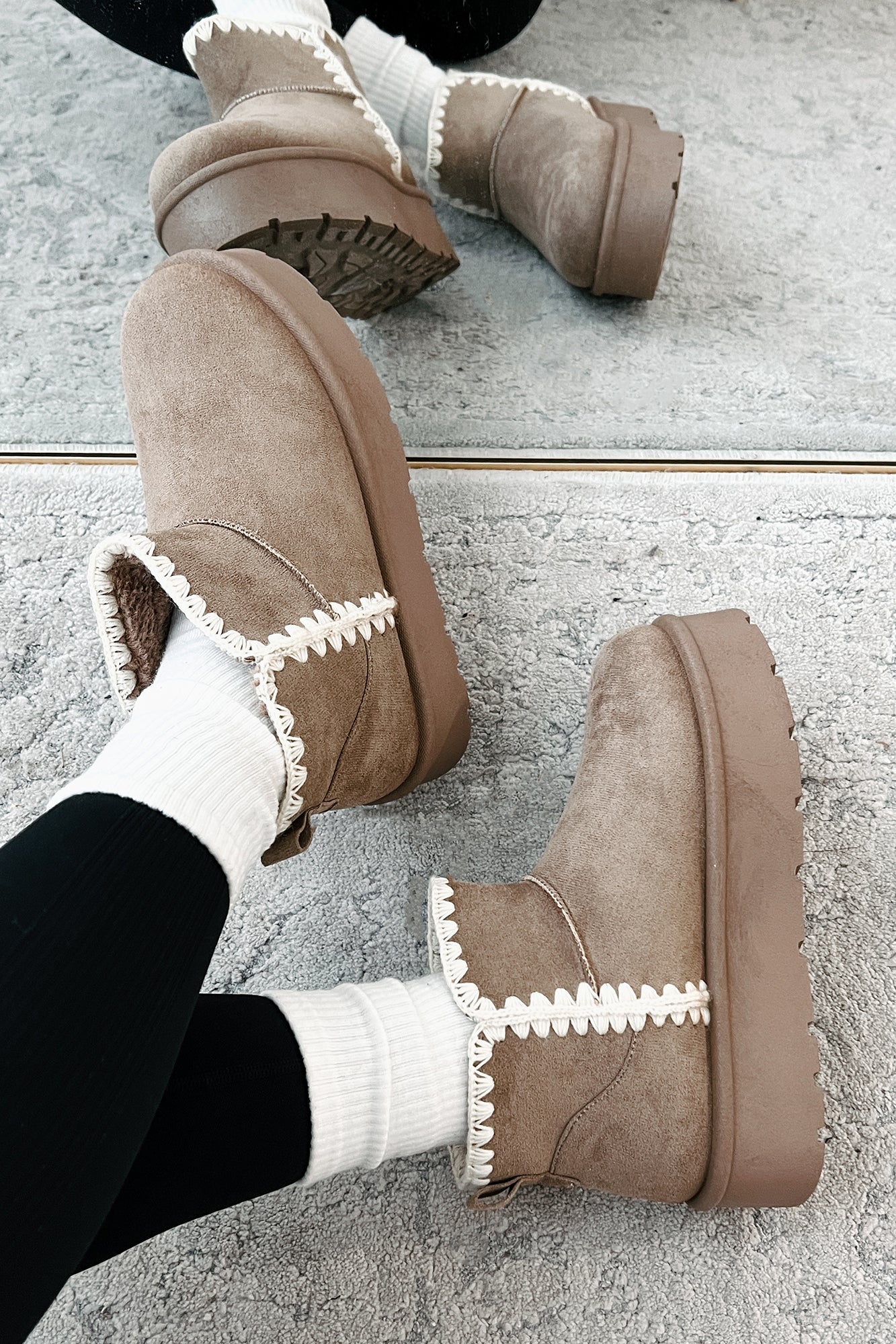 Feeling The Chill Stitch Trim Platform Booties (Oat)-The Formal Wear