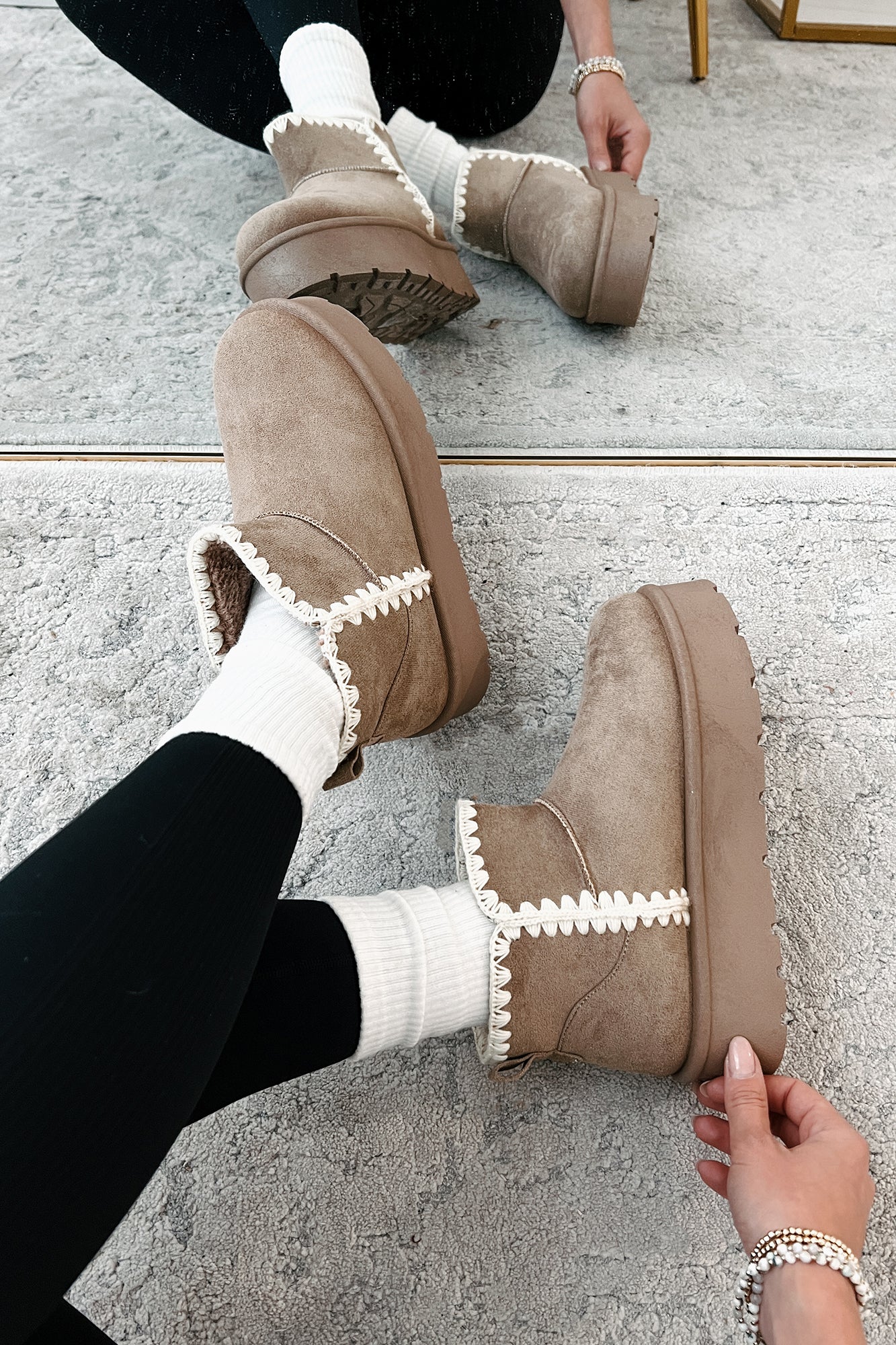 Feeling The Chill Stitch Trim Platform Booties (Oat)-The Formal Wear