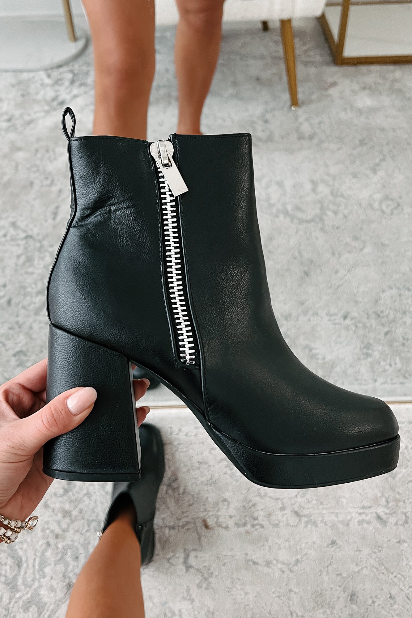 Straight Facts Zipper Detail Platform Booties (Black)-The Formal Wear