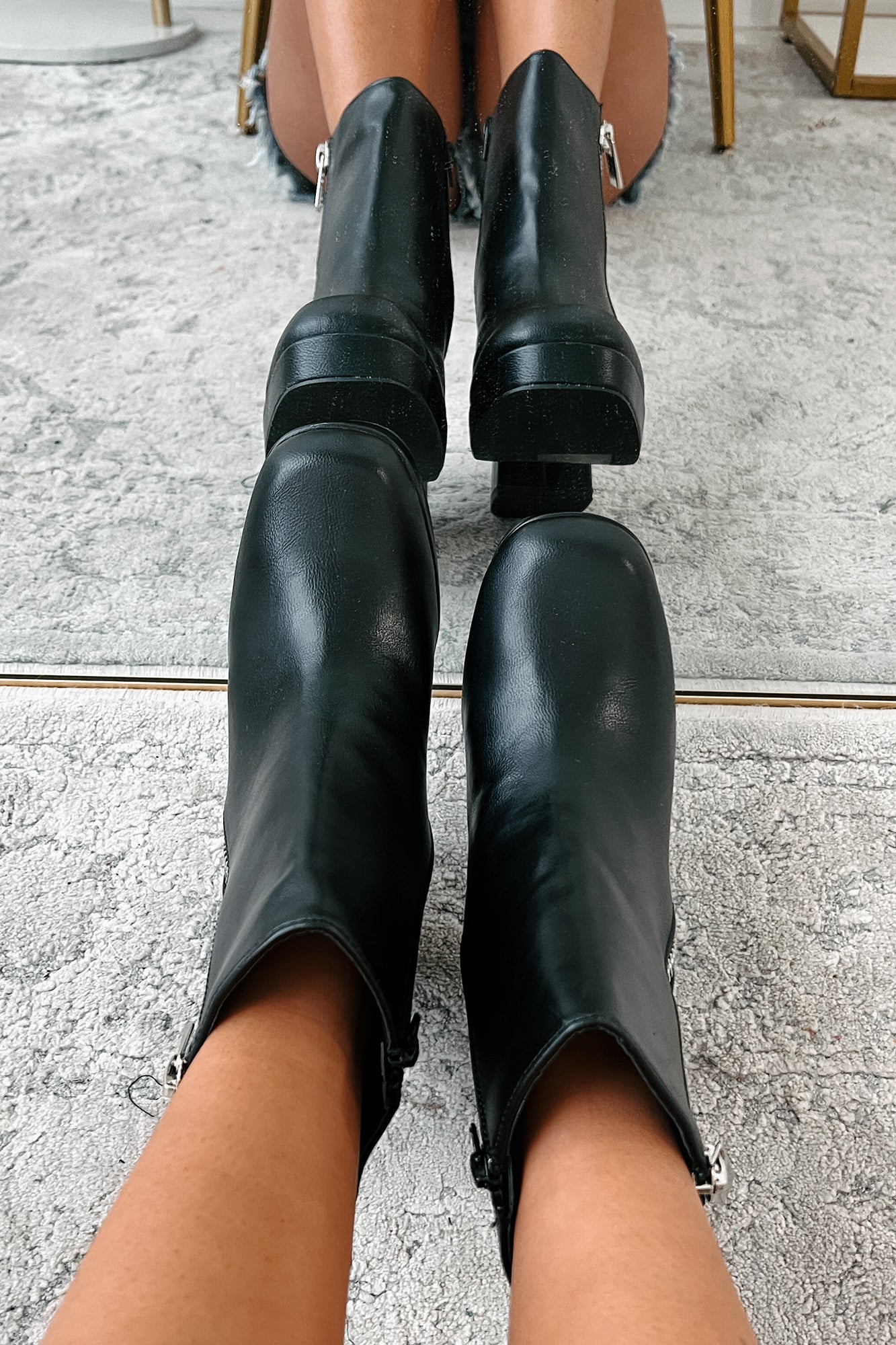 Straight Facts Zipper Detail Platform Booties (Black)-The Formal Wear