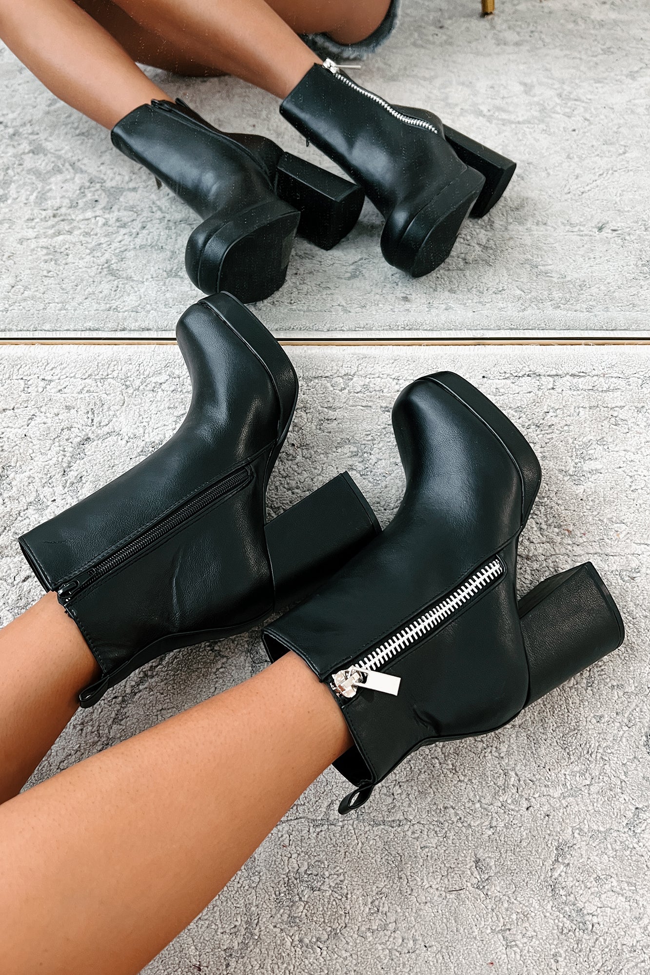 Straight Facts Zipper Detail Platform Booties (Black)-The Formal Wear