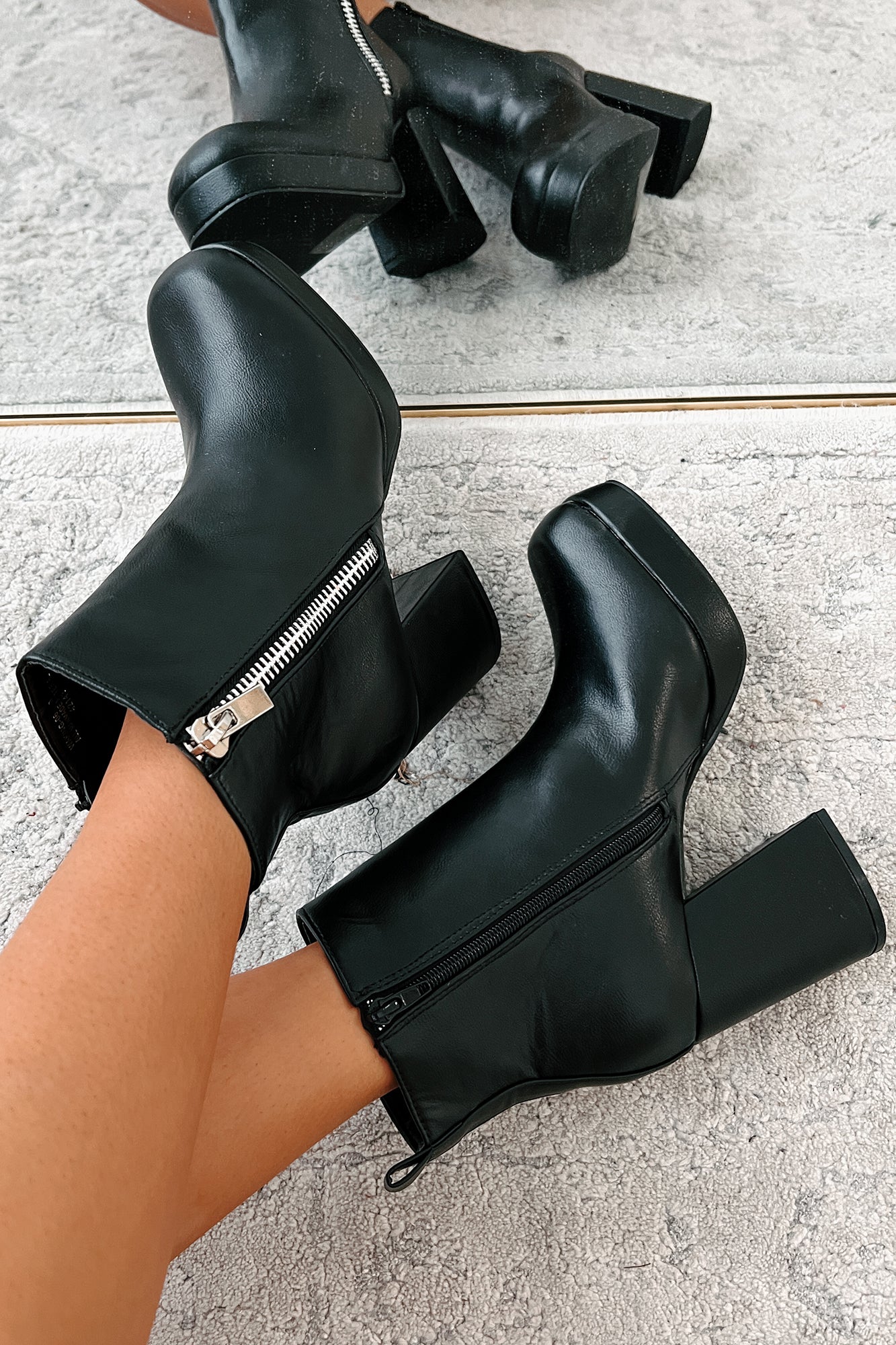 Straight Facts Zipper Detail Platform Booties (Black)-The Formal Wear