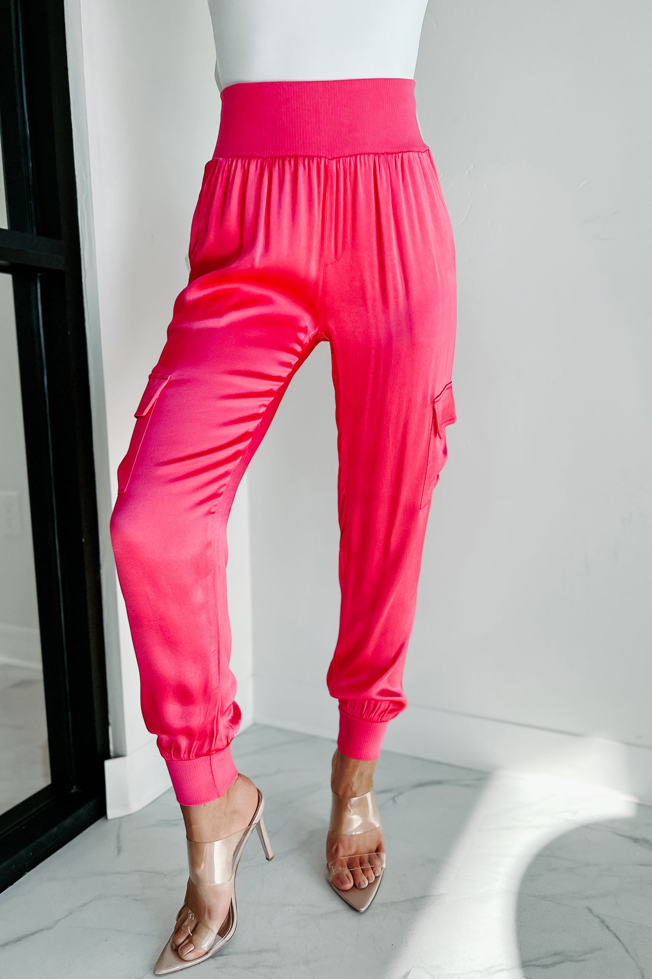 Worth The Wait Satin Cargo Joggers (Fuchsia)-The Formal Wear