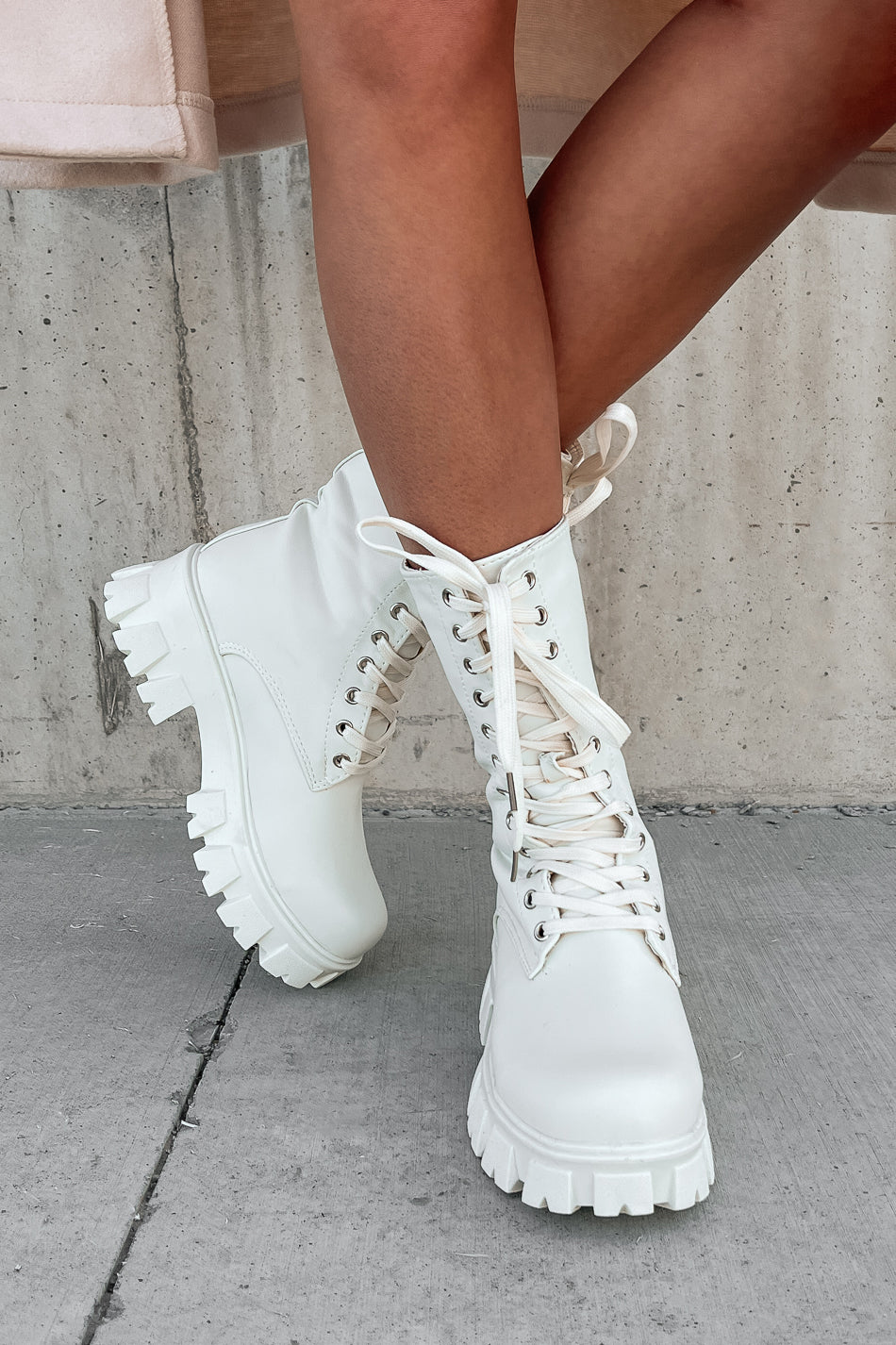 Doorbuster Get A Move On Lace-Up Combat Boots (White)-The Formal Wear