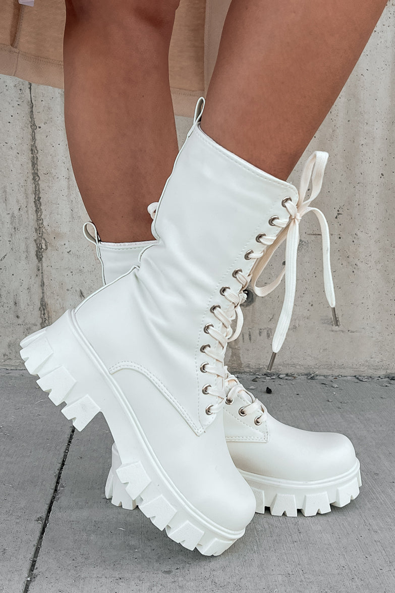 Doorbuster Get A Move On Lace-Up Combat Boots (White)-The Formal Wear