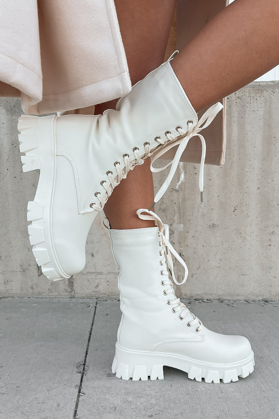 Doorbuster Get A Move On Lace-Up Combat Boots (White)-The Formal Wear