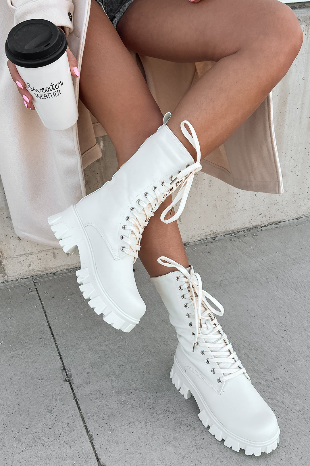 Doorbuster Get A Move On Lace-Up Combat Boots (White)-The Formal Wear