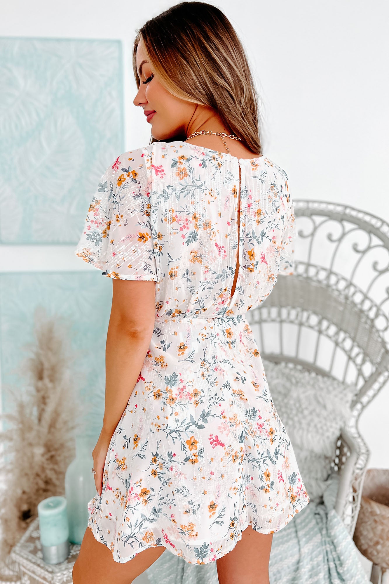 Feelings Of Love Floral Sequin Mini Dress (Ivory)-The Formal Wear