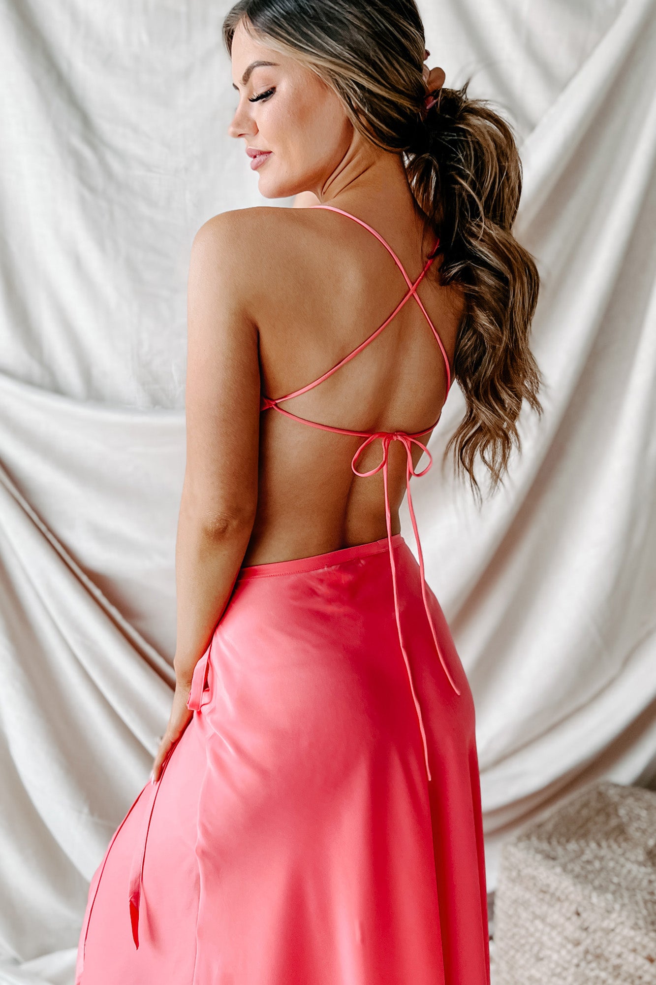 On One Condition Two-Piece Satin Skirt Set (Coral)-The Formal Wear