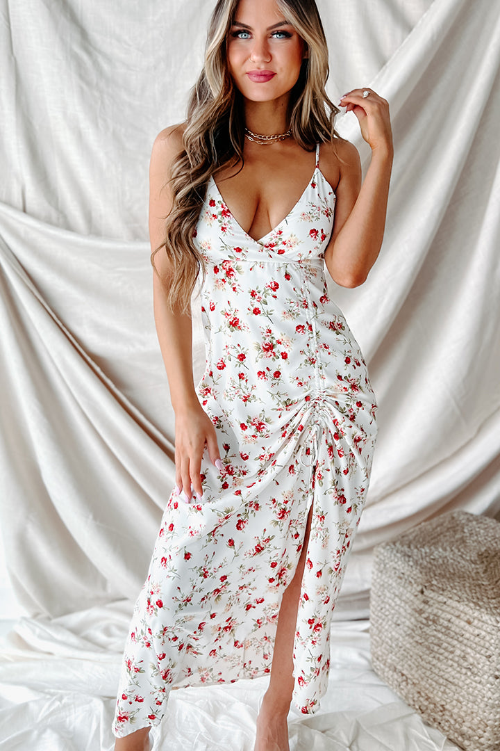 New Blooms Drawstring Pull Floral Midi Dress (White/Red)-The Formal Wear