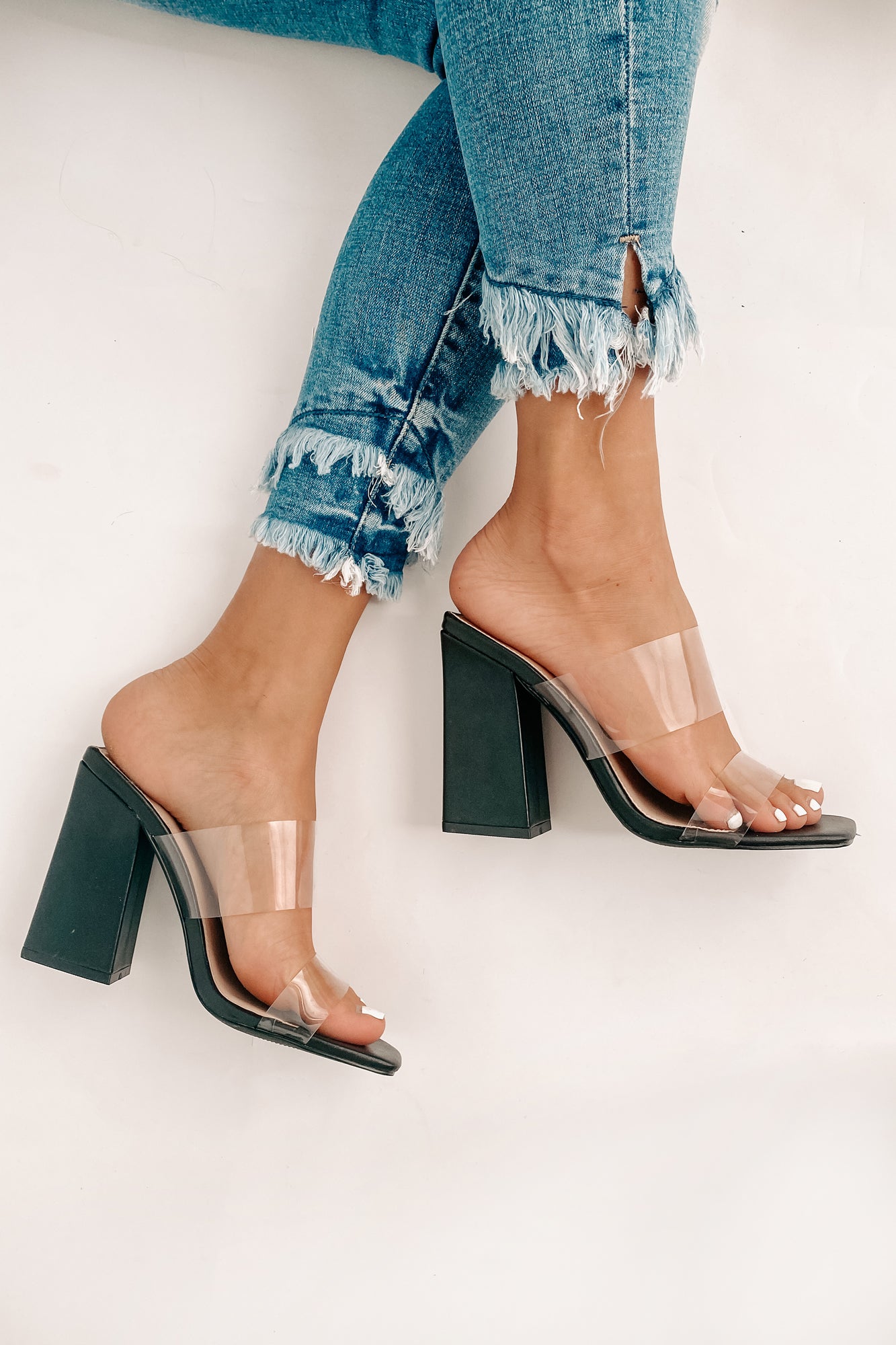 IMPERFECT Model Status Clear Strapped Heeled Sandals (Black)-The Formal Wear