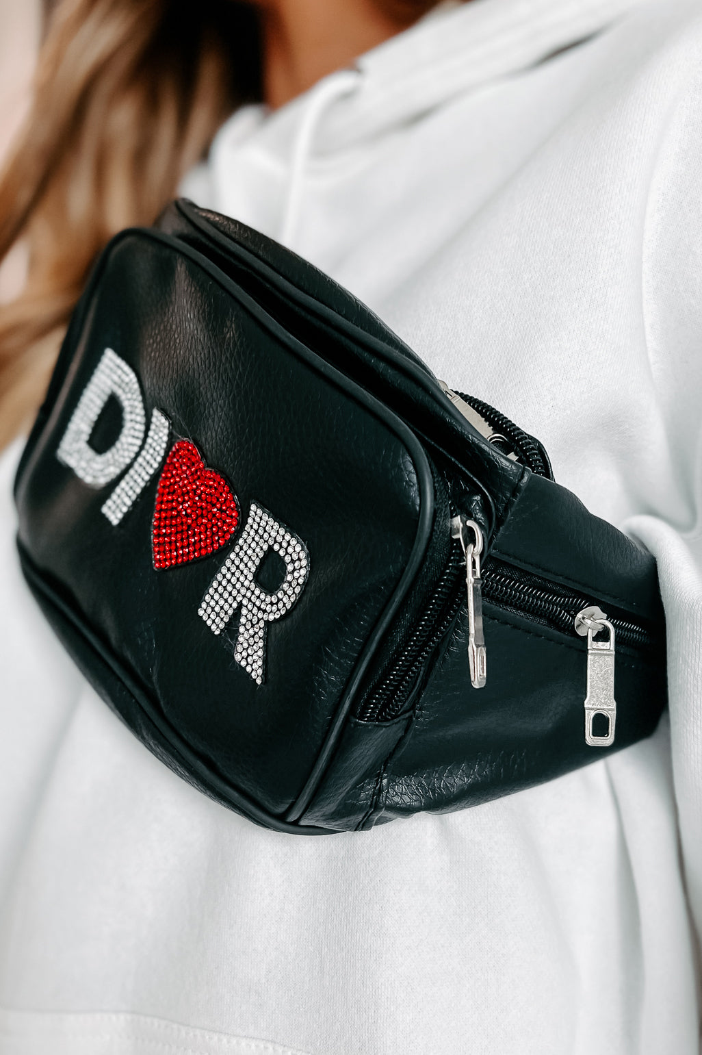 On The Move Rhinestone Decal Fanny Pack (Black)-The Formal Wear