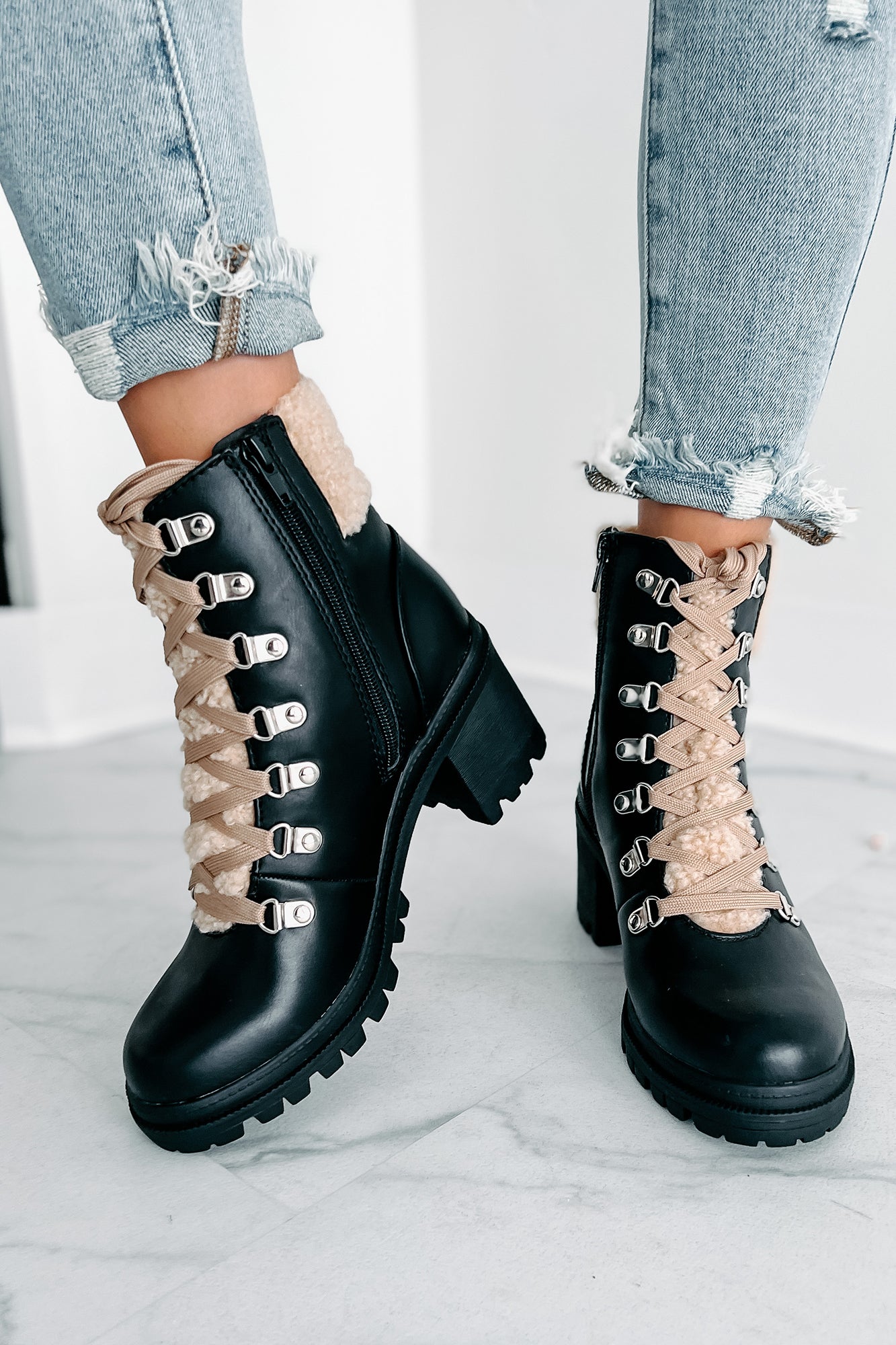 Snow Seeker Sherpa Trim Lace-Up Booties (Black)-The Formal Wear