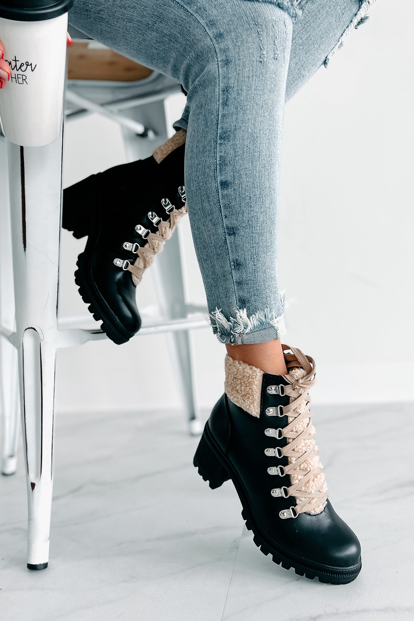 Snow Seeker Sherpa Trim Lace-Up Booties (Black)-The Formal Wear