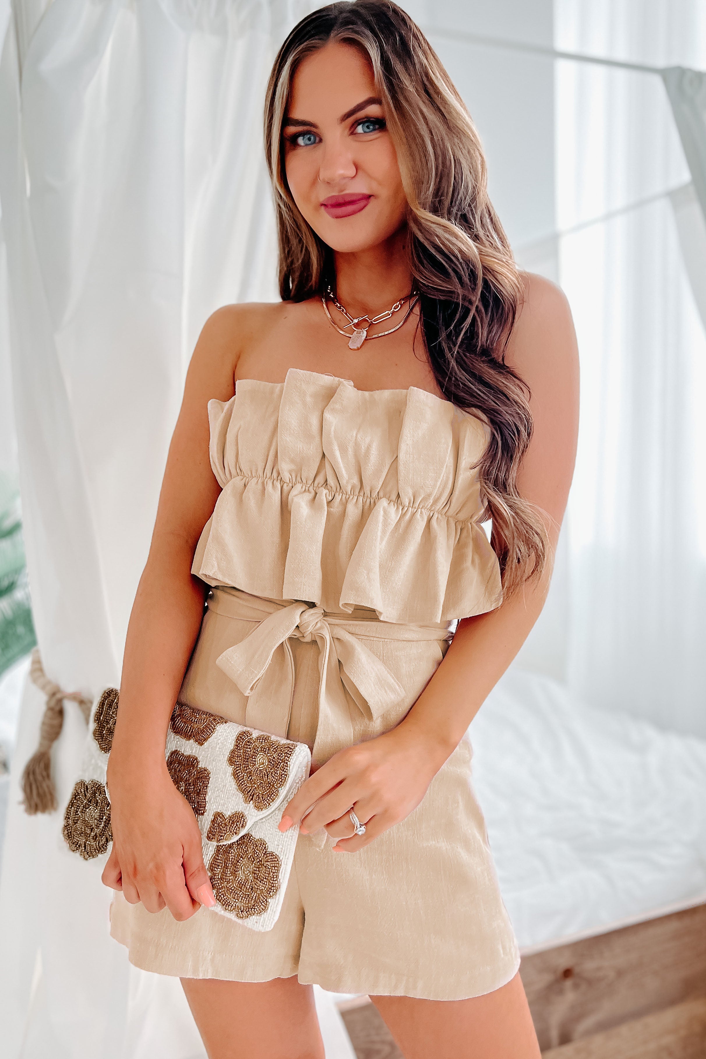 Can't Believe This Ruffled Open Back Romper (Beige)-The Formal Wear